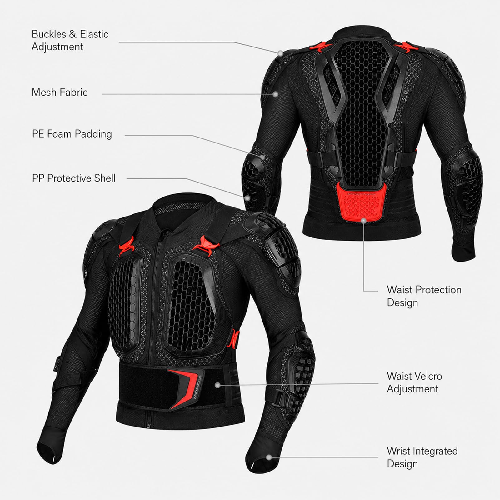 Ensemble de Protection Moto Certifié CE Équipement de Dirt Bike Léger avec Protections Poitrine, Dos, Coudes, Épaules et Avant-Bras Gilet de Motocross Respirant pour Course et Off-Road,Black-XL