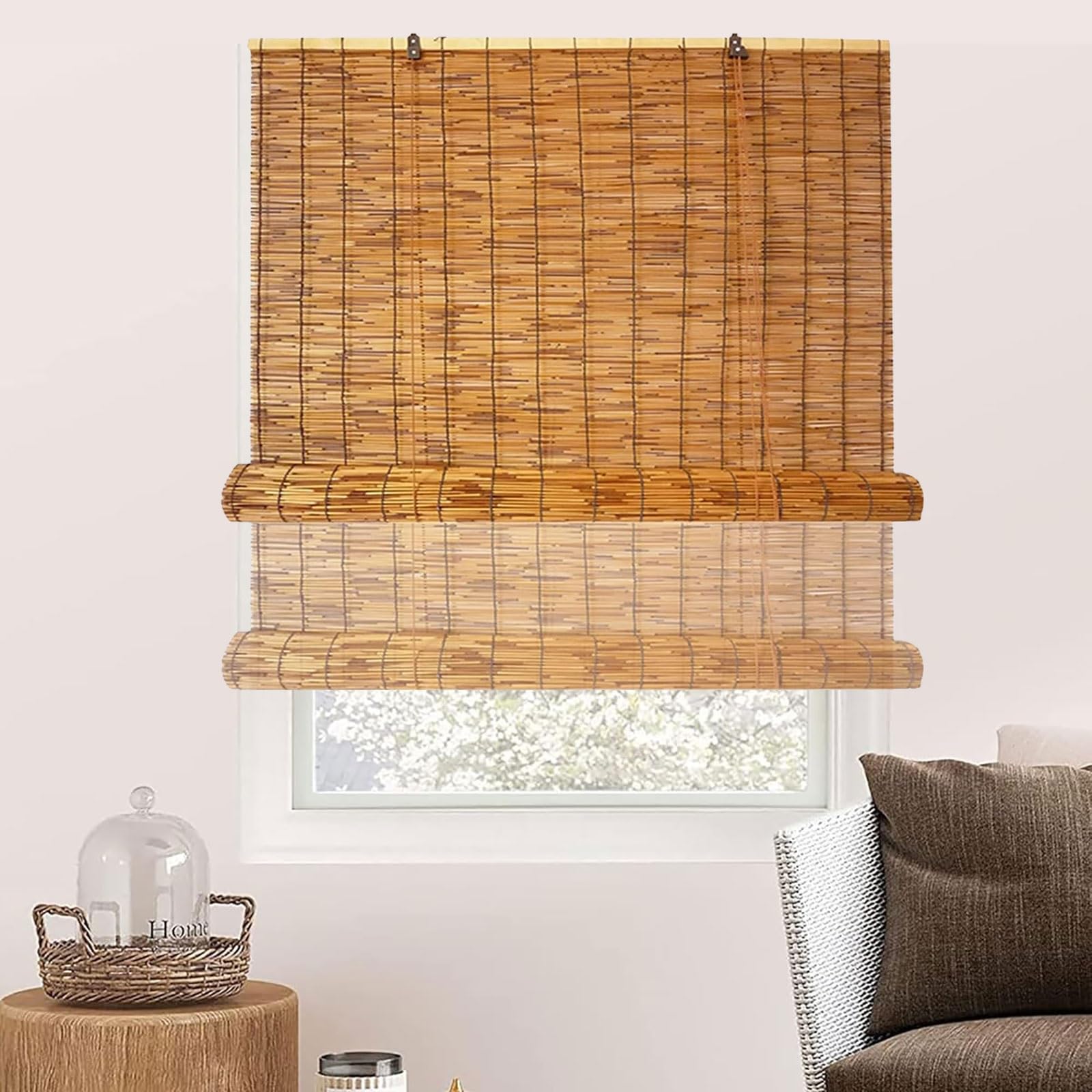 Bamboo Roll Up Shades Privacy Screen for Outdoor Patios Natural Reed Blinds Water Proof/Blackout/Pull Down Shade(160cmx300cm/63inx118in)