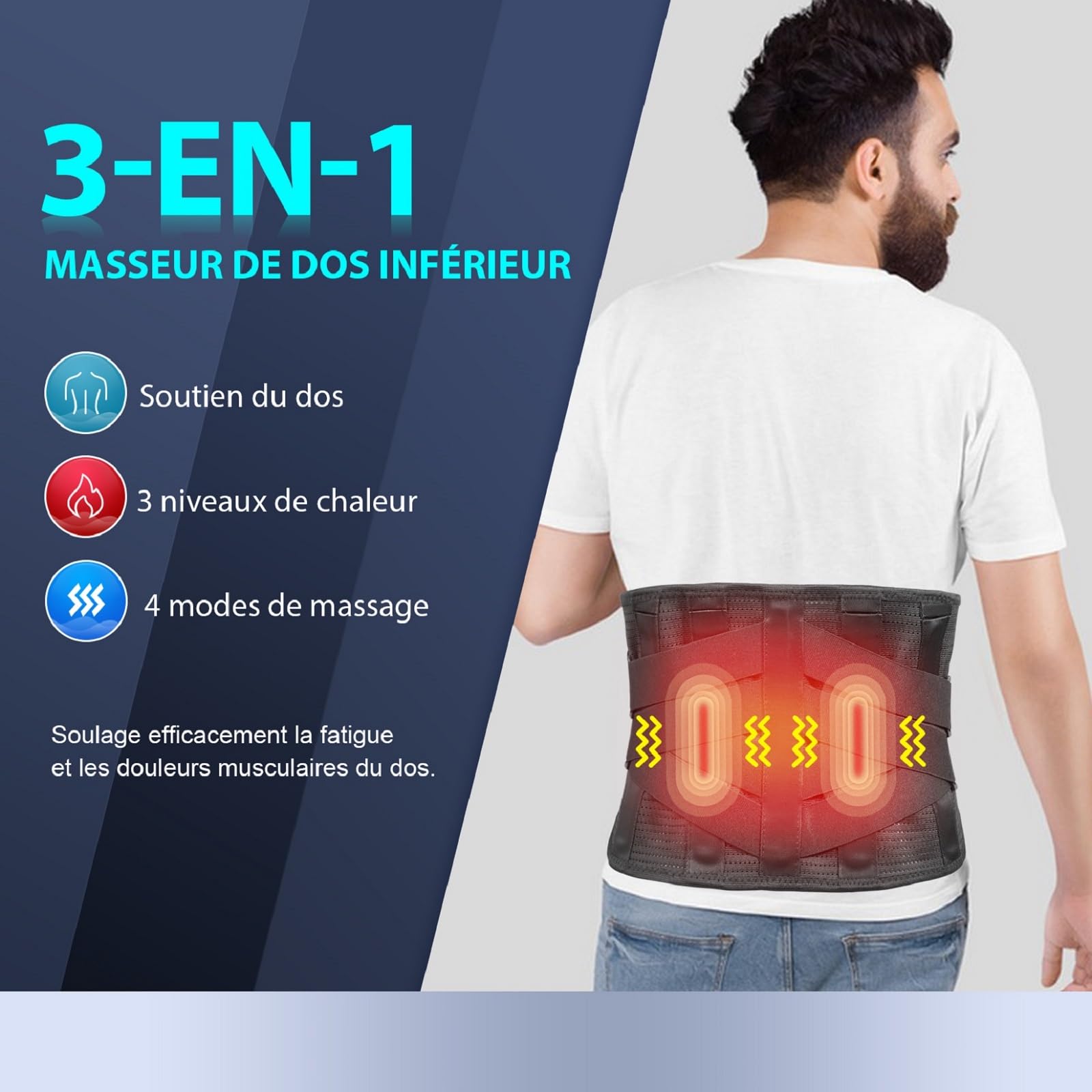 HONGJING Ceinture de massage dorsale avec chaleur pour soulager les douleurs dans le bas du dos, Ceinture lombaire chauffante rechargeable sans fil avec 3 réglages de chaleur et 4 modes de massage (M)