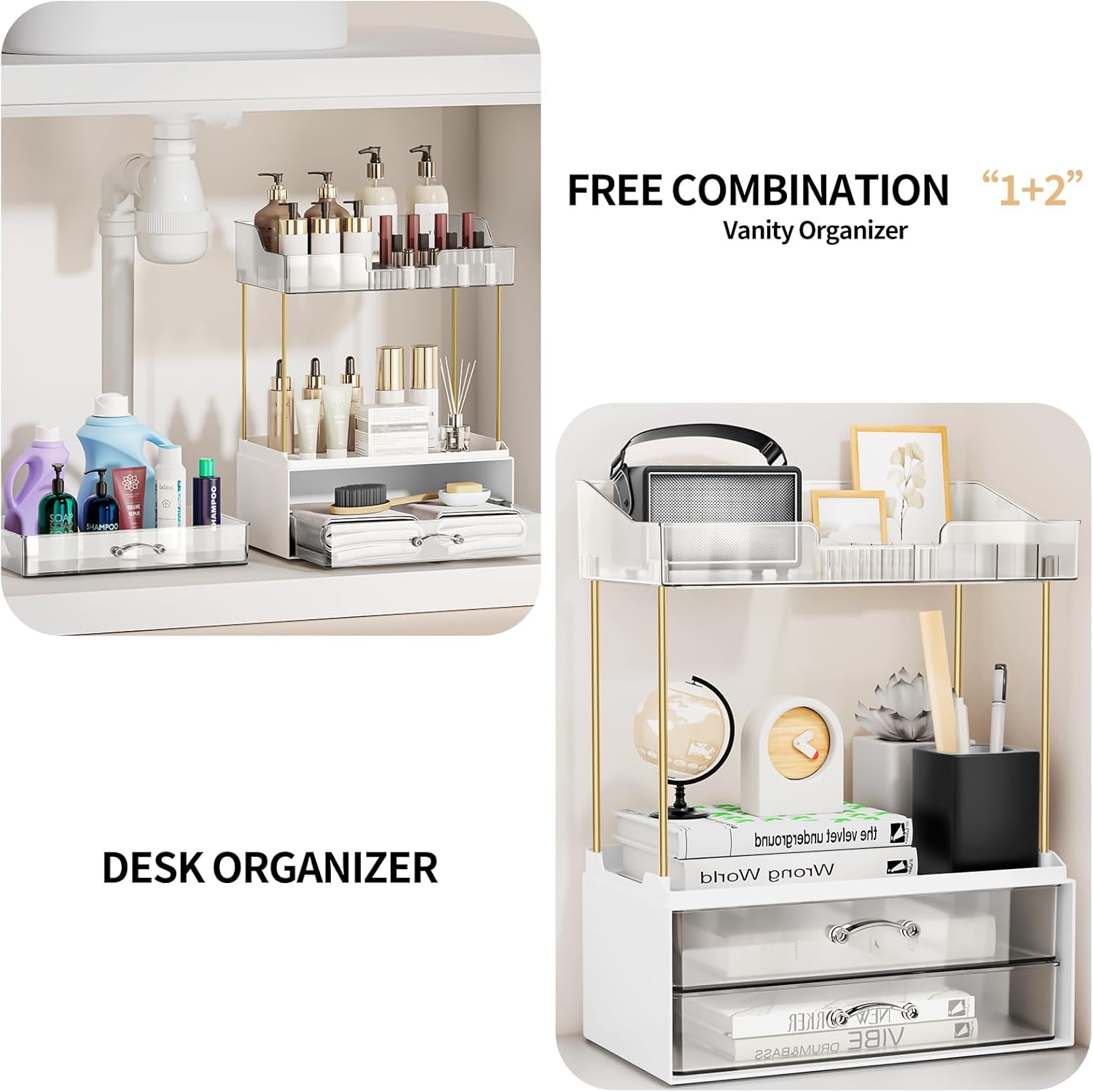 Bathroom Organizers and Storage Bathroom Organizer Makeup & Skincare Storage for Vanity, Holds Perfume, Lipsticks (Amber, Easy Install) Makeup Organizer with 2 Drawers for Vanity Cosmetic