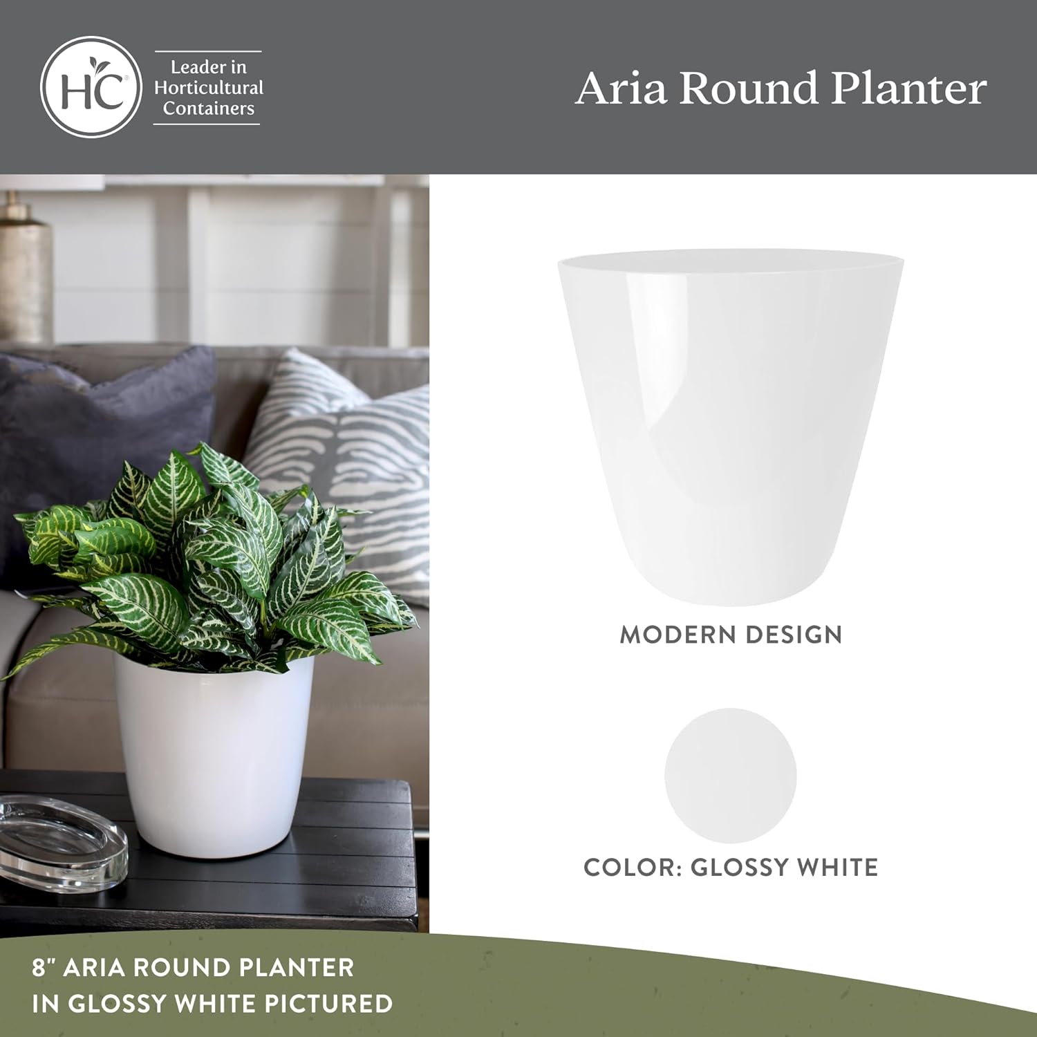The HC Companies Aria Round Self-Watering Pot - Lightweight Plastic Planter for Herbs & More - Durable Plant Pots for Indoor Plants & Outdoor Plants (8" Glossy White, Pack of 2)