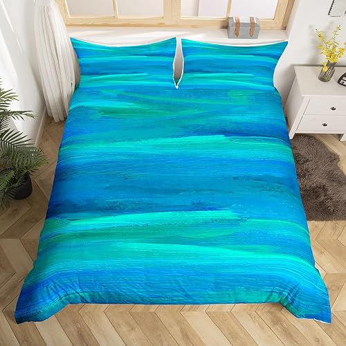 Juego de ropa de cama abstracta verde azulado océano, tamaño individual, funda de edredón de agua de mar turquesa, estilo acuarela, azul y verde,
