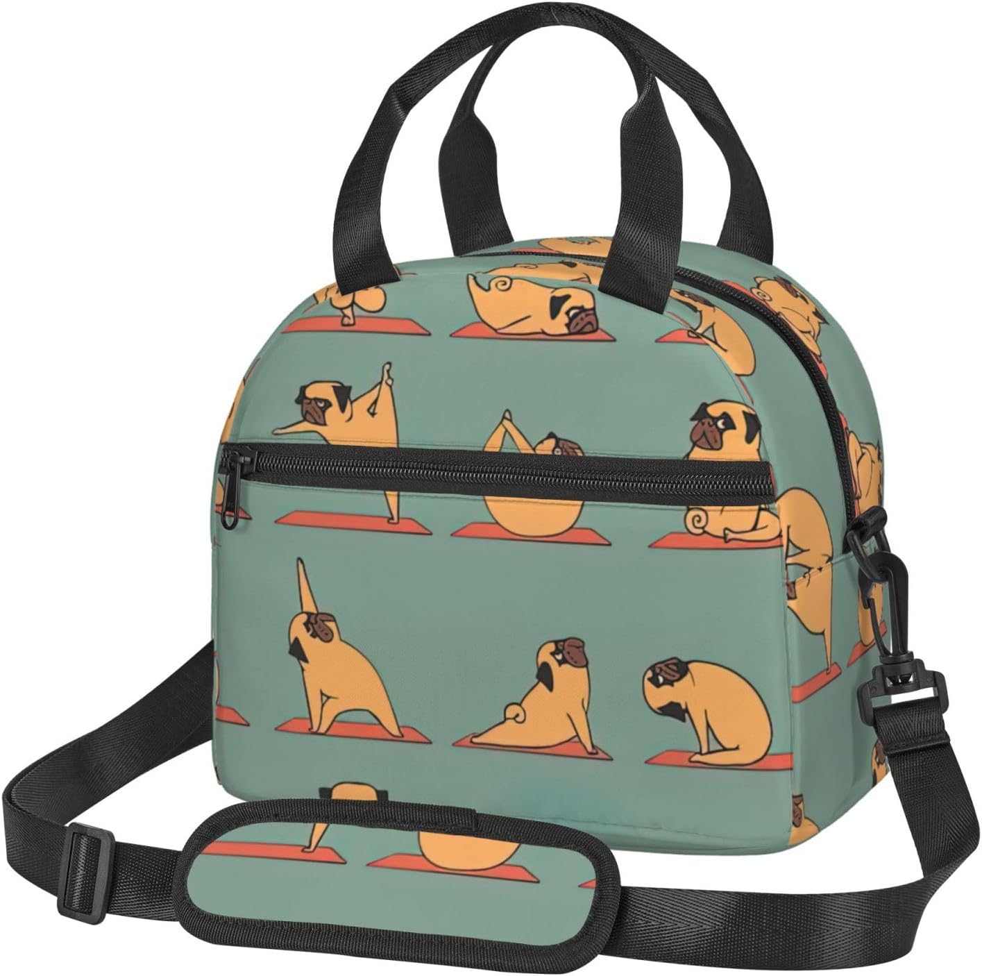 Yoga Pug Print Lunch Bag, Insulated Reusable Lunch Box With Adjustable Shoulder Strap