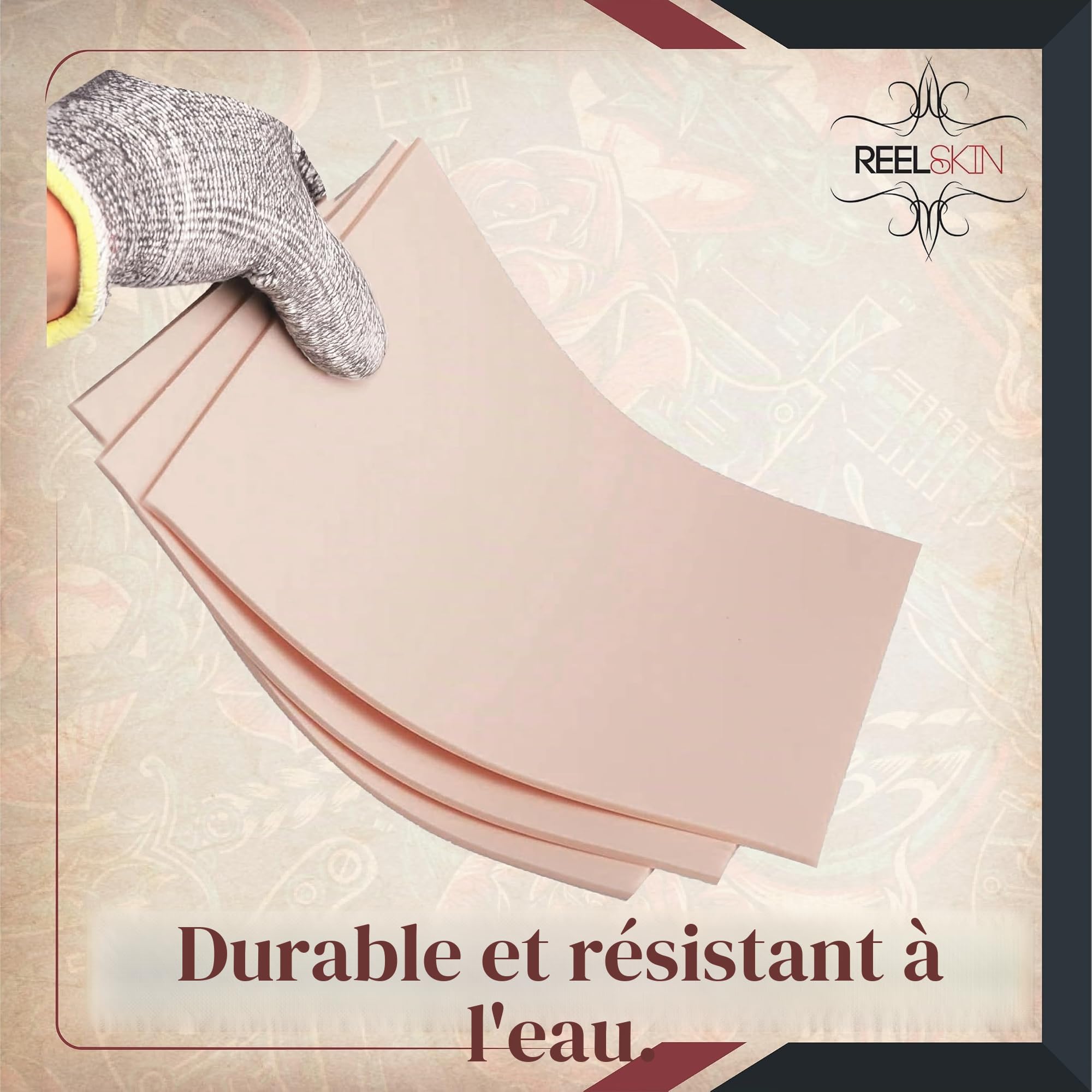 Reelskin Lot de 3 feuilles de silicone double face A4 pour pratique du tatouage, épaisseur 2,5 mm, s'étire comme de la vraie peau