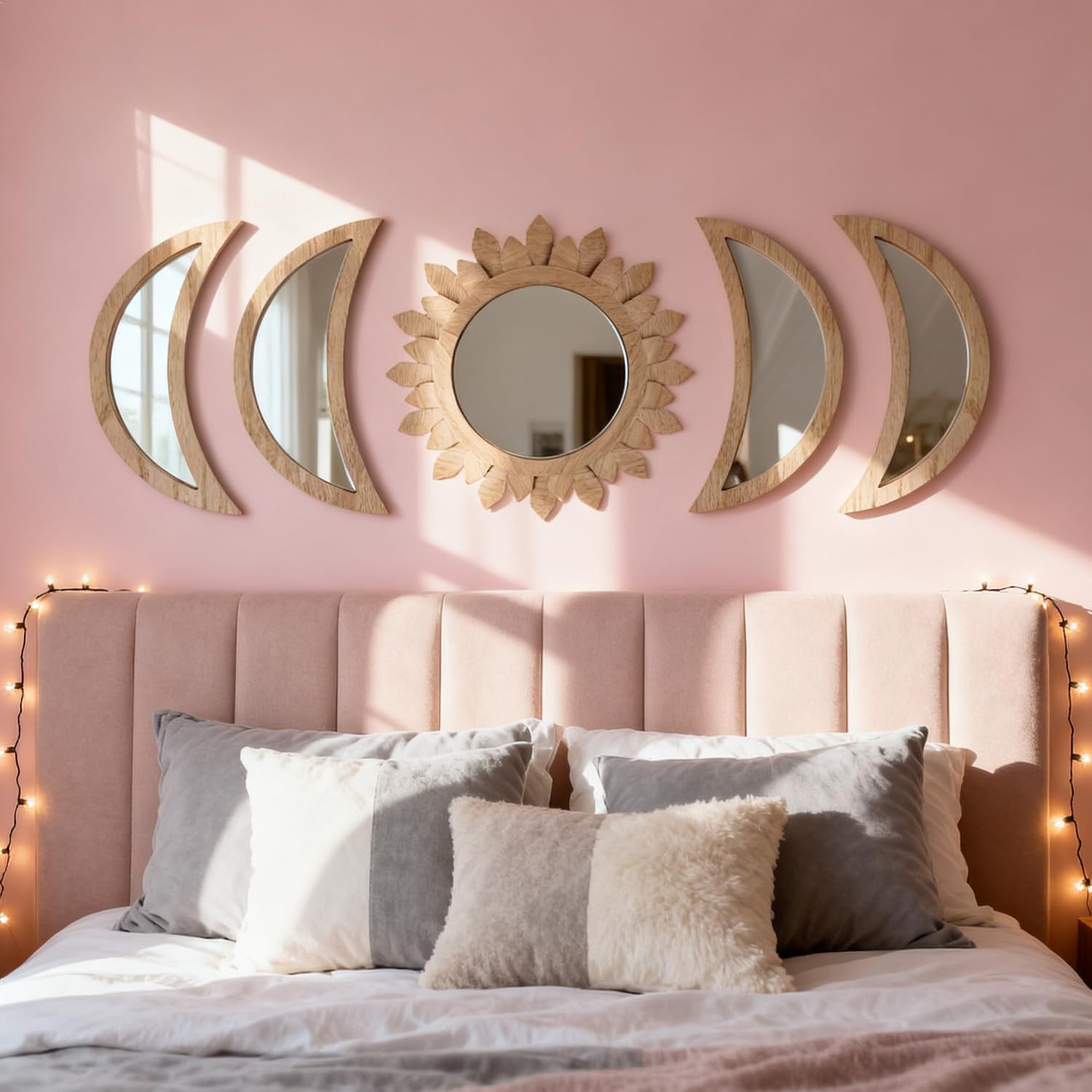 5 Pieces Moon Phase Mirror Wall-Mounted Wall Decor Mirrors Natural Wooden Sunburst Bohemian Wall Art for Home Living Room Bedroom Decoration (Natural)