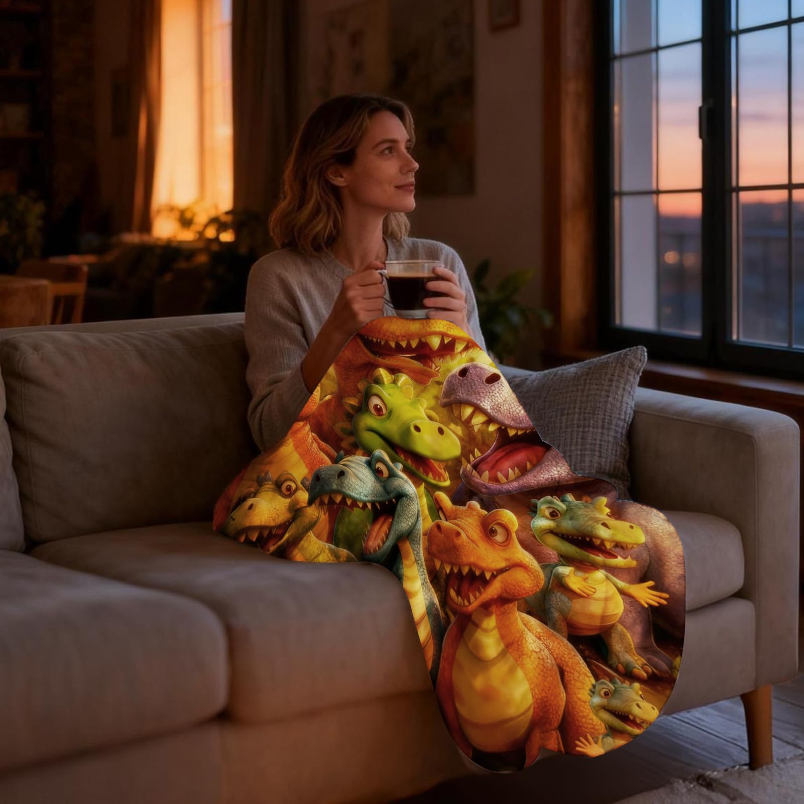 Kocyk flanelowy Uśmiechający się dinozaur HD, druk cyfrowy HD, 150 x 130 cm miękki koc flanelowy z nadrukiem zwierzęcym | na sofę, kącik do czytania, sypialni, biura, domu, podróży