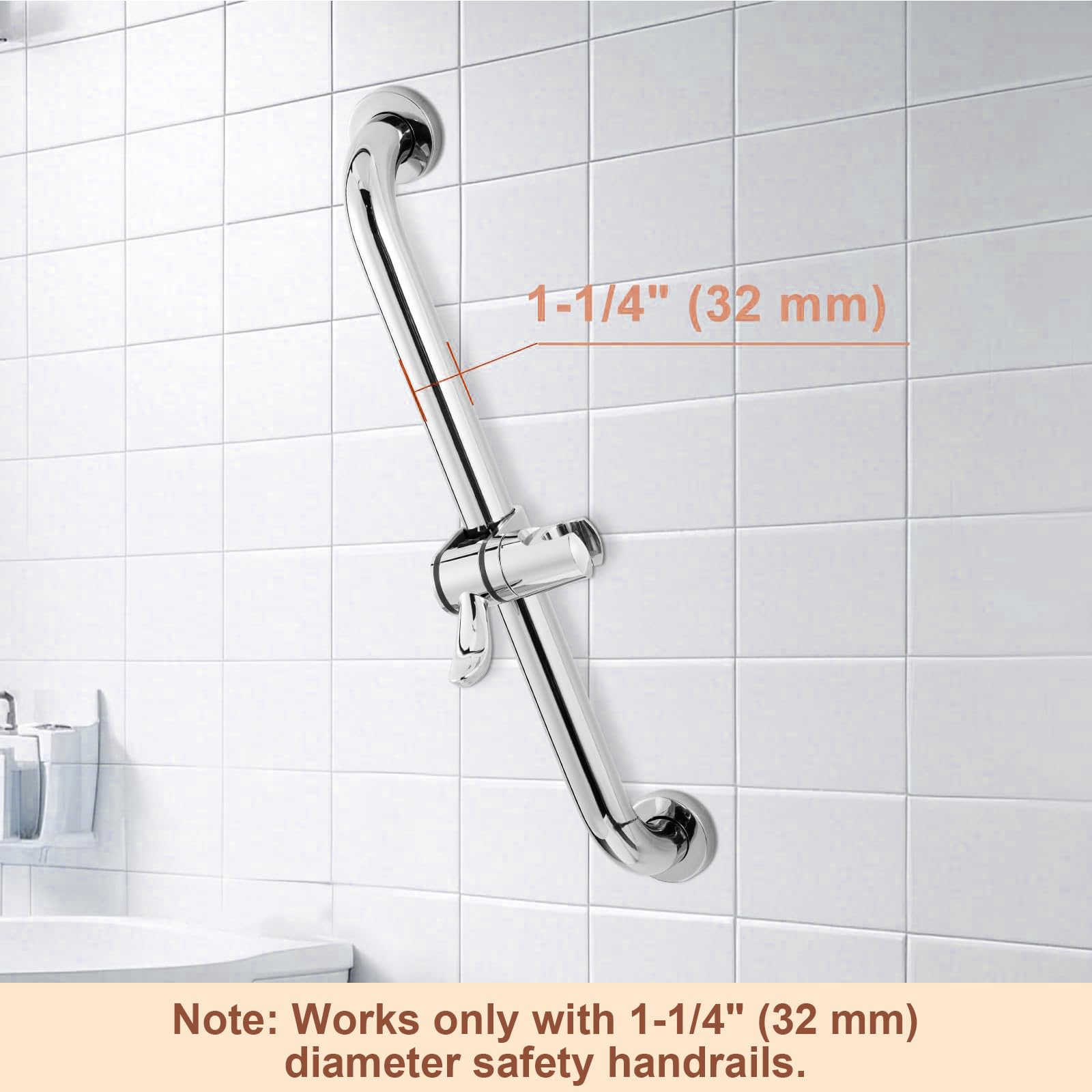 Supporto Soffione Doccia Universale per Maniglioni 32mm, Girevole a 360°, Accessorio Sostitutivo per Bagno, Finitura Cromata