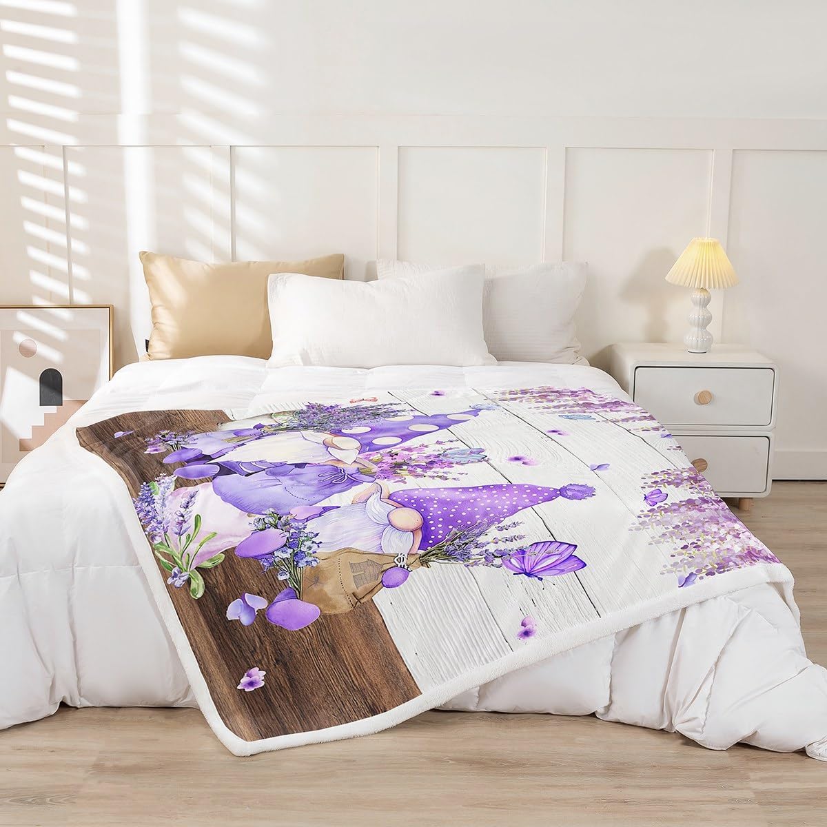 Manfei Cute Gnomes Throw Blanket Purple Vine Flower Butterfly Blanket for Couch Sofa, Lavender Bouquet Bed Blanket for Kids Boys Girls, Soft and Breathable Fleece Blanket(90 x 90 Inches)