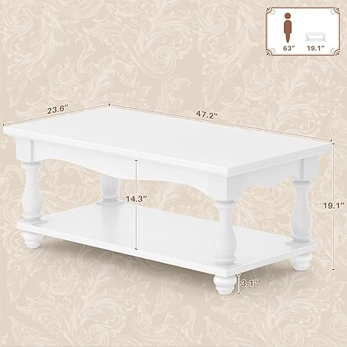 Miniatura 2 de Mesa de centro de granja con almacenamiento, mesas de centro de mediados de siglo para sala de estar, mesa de centro blanca moderna de 2 niveles de