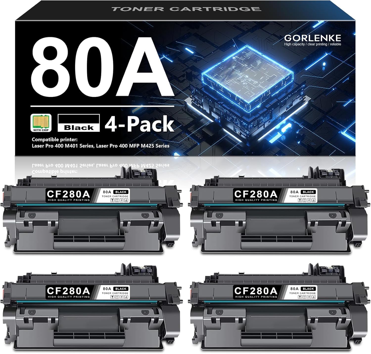 80A CF280A Toner Cartridge 4 Pack [with Chip] Compatible Replacement for HP 80A Black Toner Cartridge 80X CF280X CE505A 05A Works with Laser Pro 400