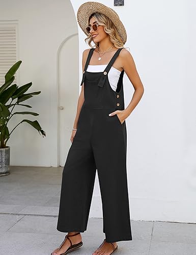 Miniatura 3 de Flygo Overol con peto de lino y algodón para mujer, ajuste holgado, pierna ancha, tirantes holgados, overoles holgados de verano casual