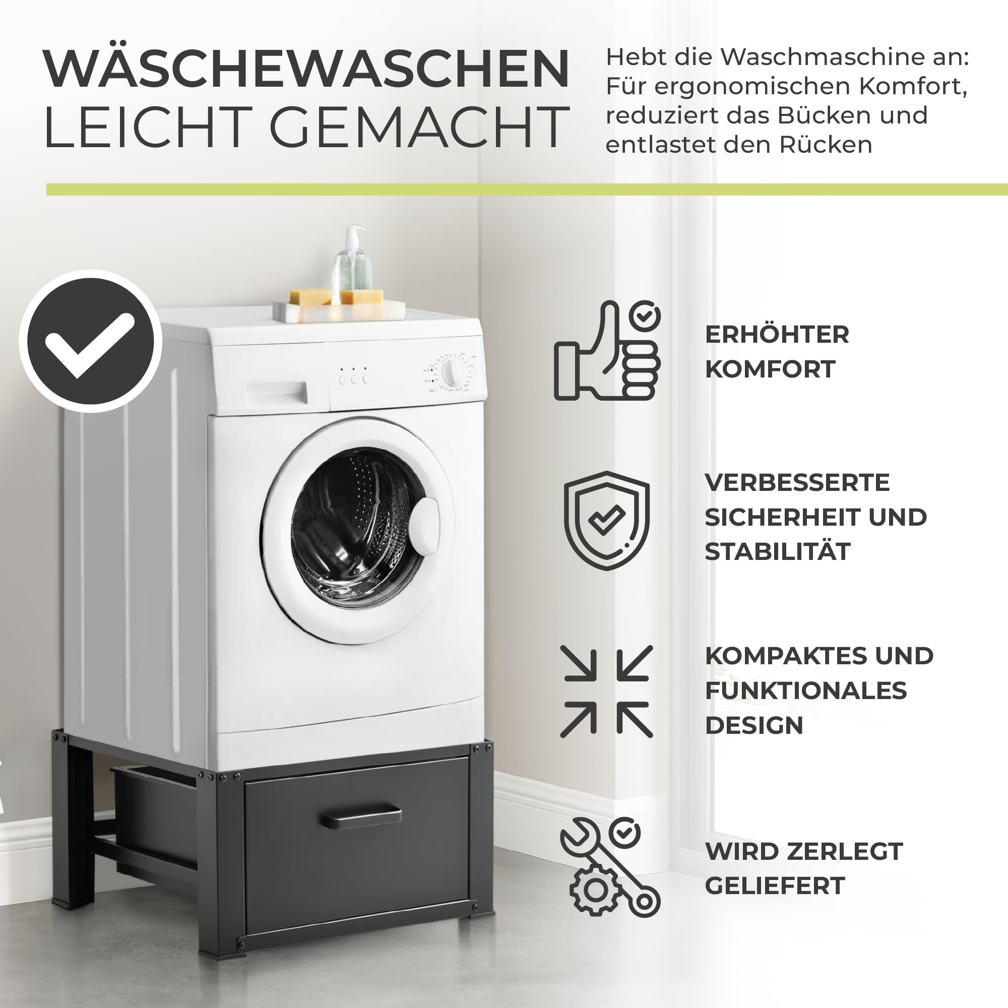 [en.casa] Waschmaschinen Untergestell Comfortixx mit Schublade Waschmaschinen-Unterschrank 63 x 54 x 31 cm Podest bis 150 kg gummierte Füße Stahl Schwarz