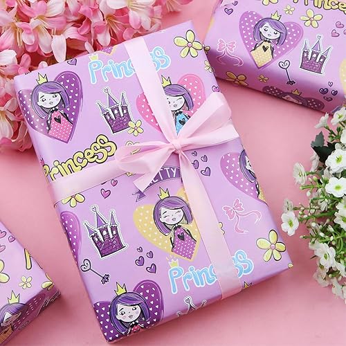 Miniatura 4 de Geluode Papel de regalo de cumpleaños de princesa para niñas y bebés, bonito diseño de castillo de princesa rosa, papel de regalo para cumpleaños,