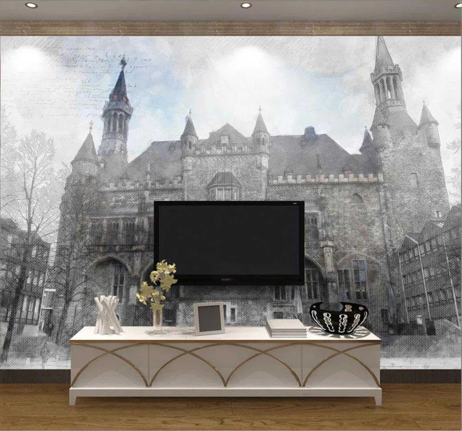 Wallpaper-3D-Xlm 250Cm×170Cm(B×H) Retro Hand Drawn Black And White Architecture Trees 3D Wallpaper Easy Install Feature Office Living Room Sofa Bedroom Tv Background Wall Decoration-250Cm×170Cm