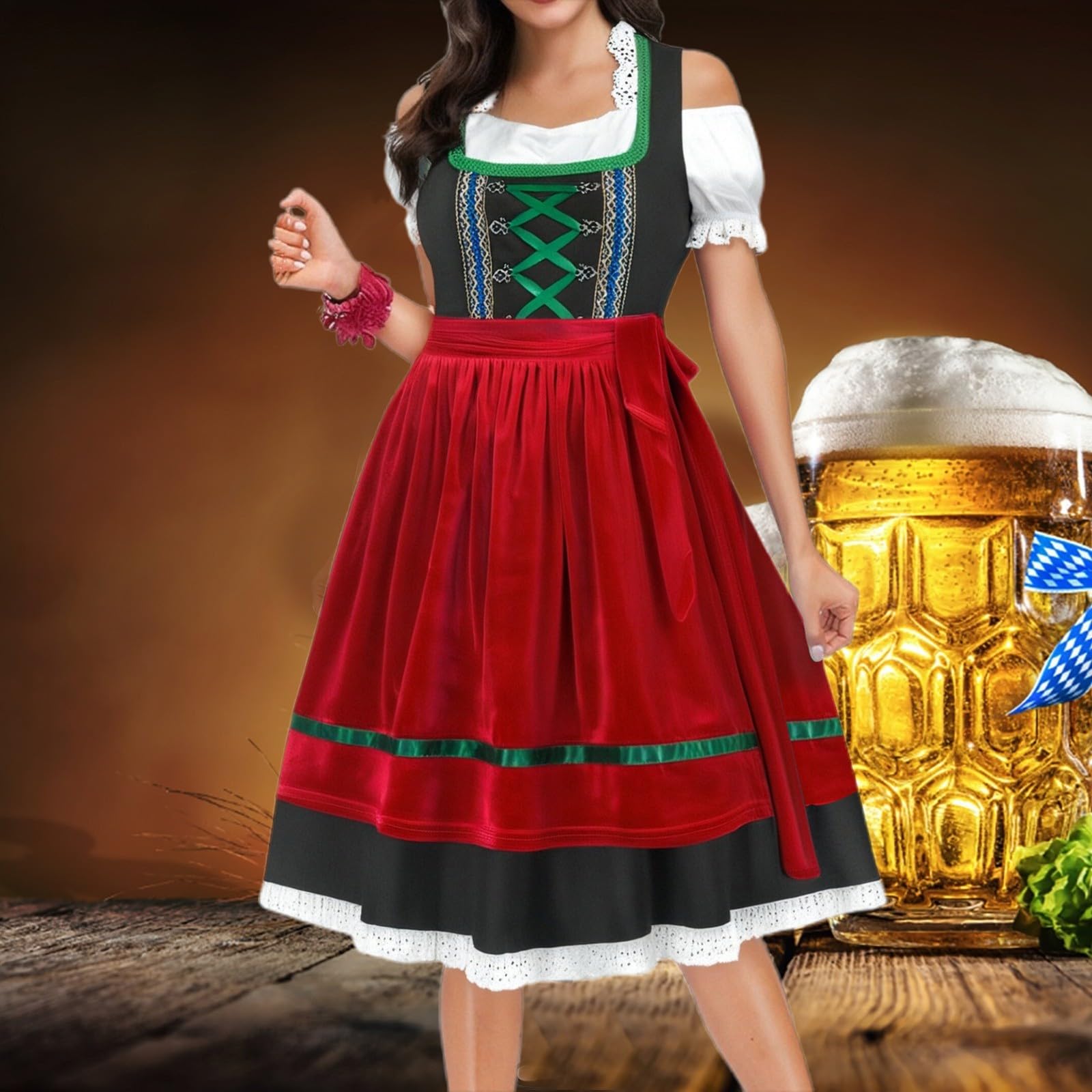 Tradizionale Dirndl Midi della Collezione Costume Tradizionale Tedesco 3 pezzi Oktoberfest Trachtenmode Midi Dirndl hellgrün monocromatico Look mit Knopfleist INKL. Dirndlschürze