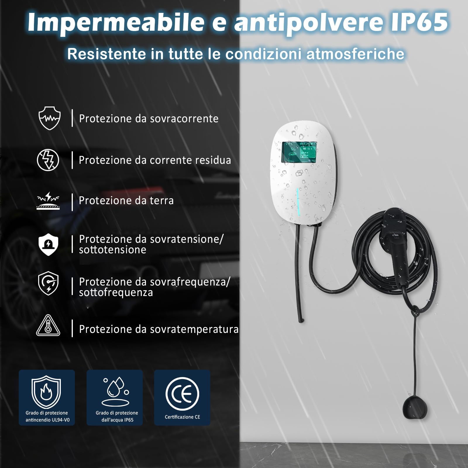 YU YUSING Columna de carga de coche eléctrico 11 kW, 7 m cable carga coche eléctrico tipo 2, 6-16 A Wallbox trifásico, carga coche eléctrico con Schuko, contra APP, LCD digital y soporte, IP65, blanco
