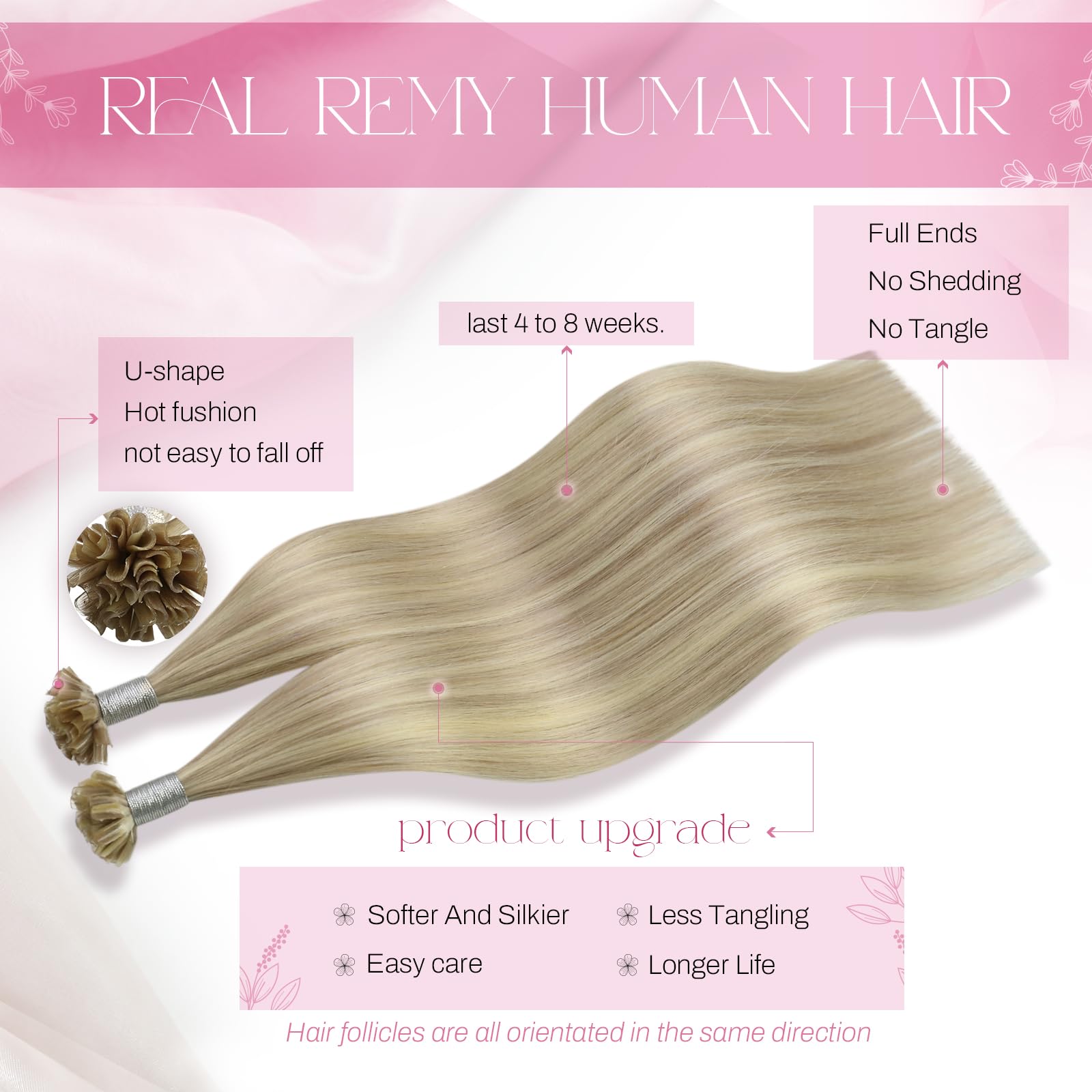 Moresoo U Tip Hair Extensions Real Human Hair Ash Blonde with Bleached Blonde Hot Fusion Pre Bonded Hair Extensions Real Hair 1g/s 50g/Pack #P18/613 24 Inch - Image 2