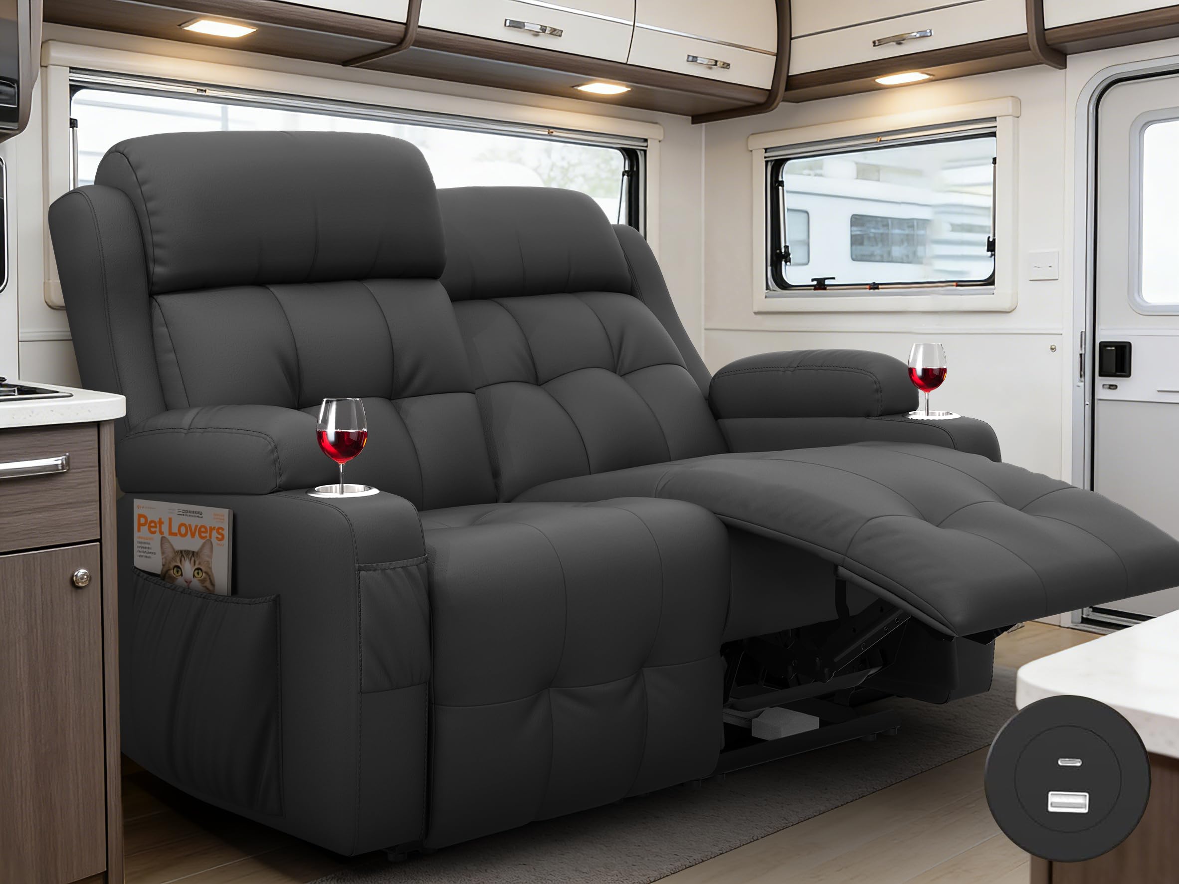 Furgatti Reclining Loveseat with Pebble Texture Fabric, Loveseat Recliner with USB/Type C Ports, Storage & Cup Holders, RV Wall Hugger Recliner Sofa