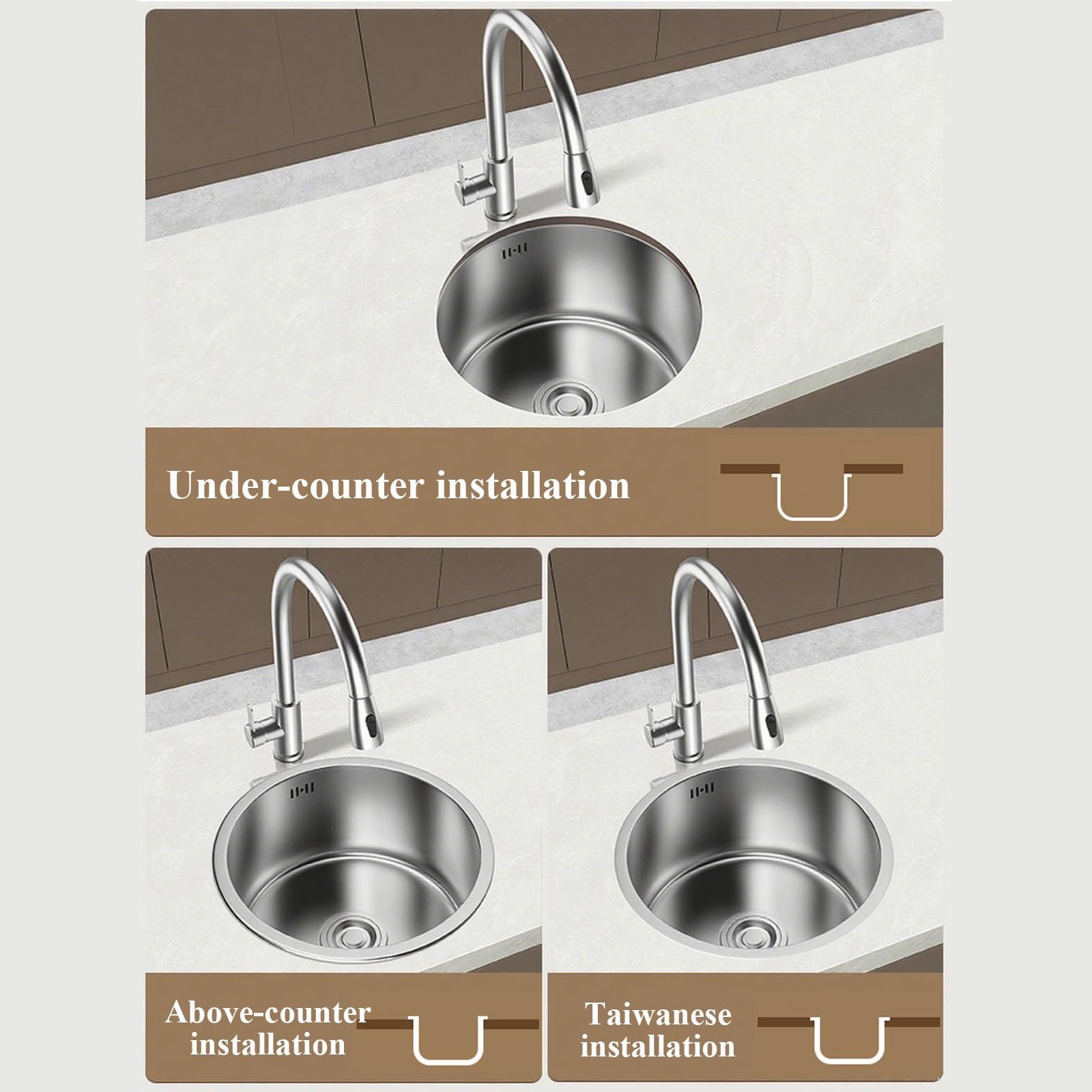 Lavello da Cucina,lavello Tondo in Acciaio Inox 304 con Rubinetto - Cucina a Vasca Singola per Isola,Bar,Camper,Lavanderia,sottotop,Finitura Nichel Spazzolato