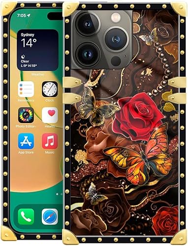 DAIZAG Funda compatible con iPhone 15 Pro Max, mariposa dorada de cártamo, para niñas y mujeres, decoración cuadrada de esquinas de metal,
