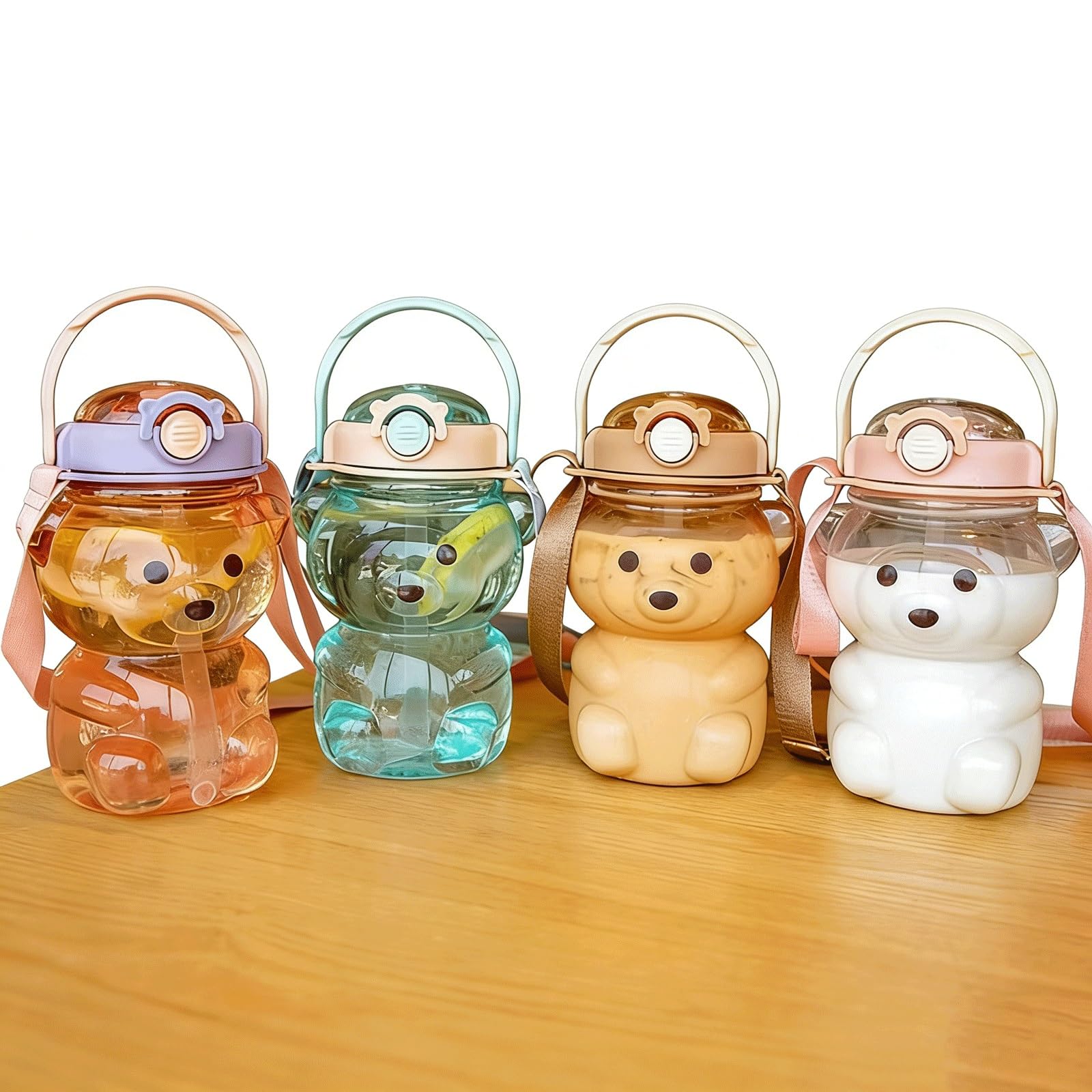 LLiuvcc Cute Bear Water Bottle 1000ml/34oz, BPA Free Leakproof Straw Bottle With Adjustable Shoulder Strap For School Travel Sports(4PCS)