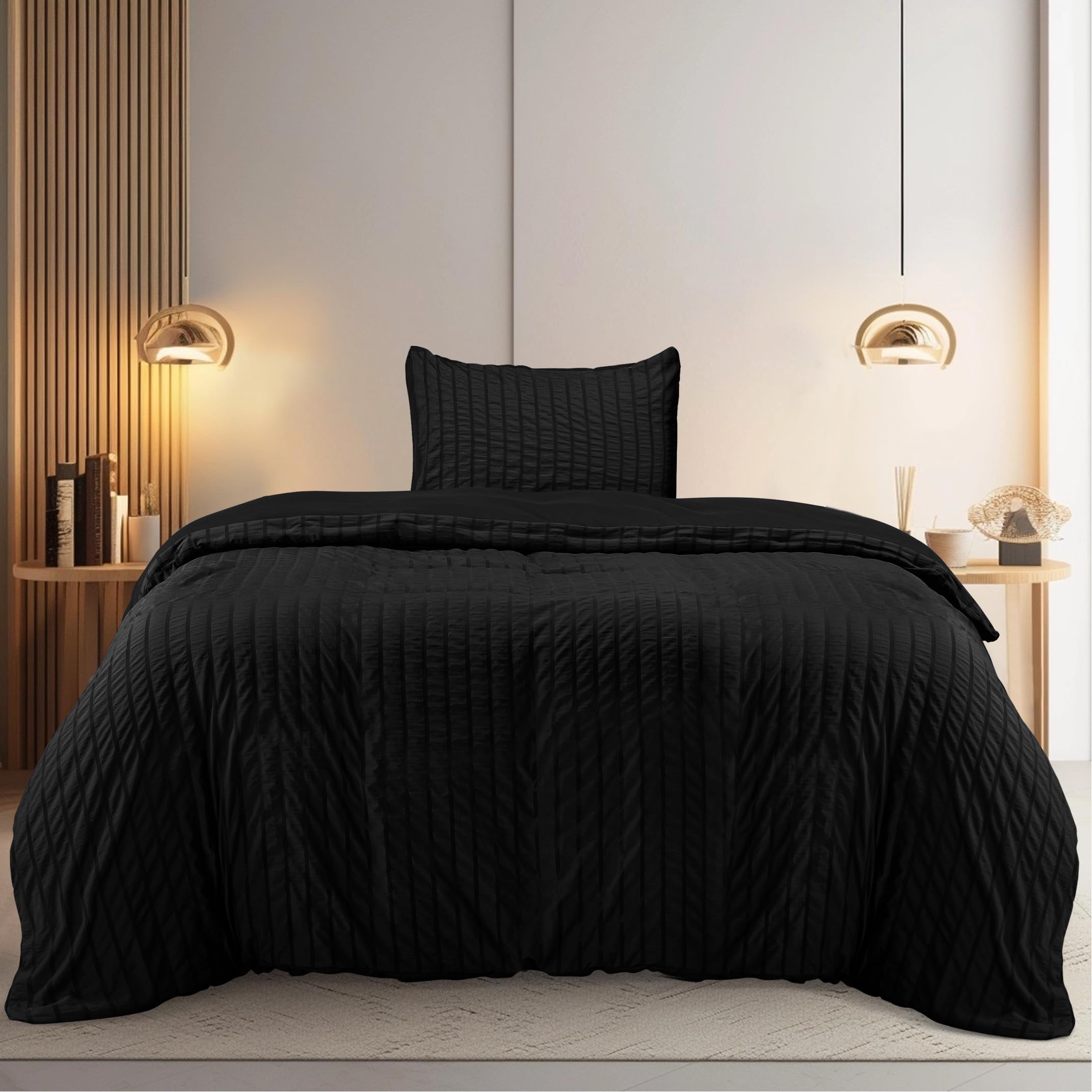 Utopia Bedding Seersucker Duvet Cover - Single Duvet Cover Set with Pillowcase - Soft Microfibre Polyester Bedding (Black)