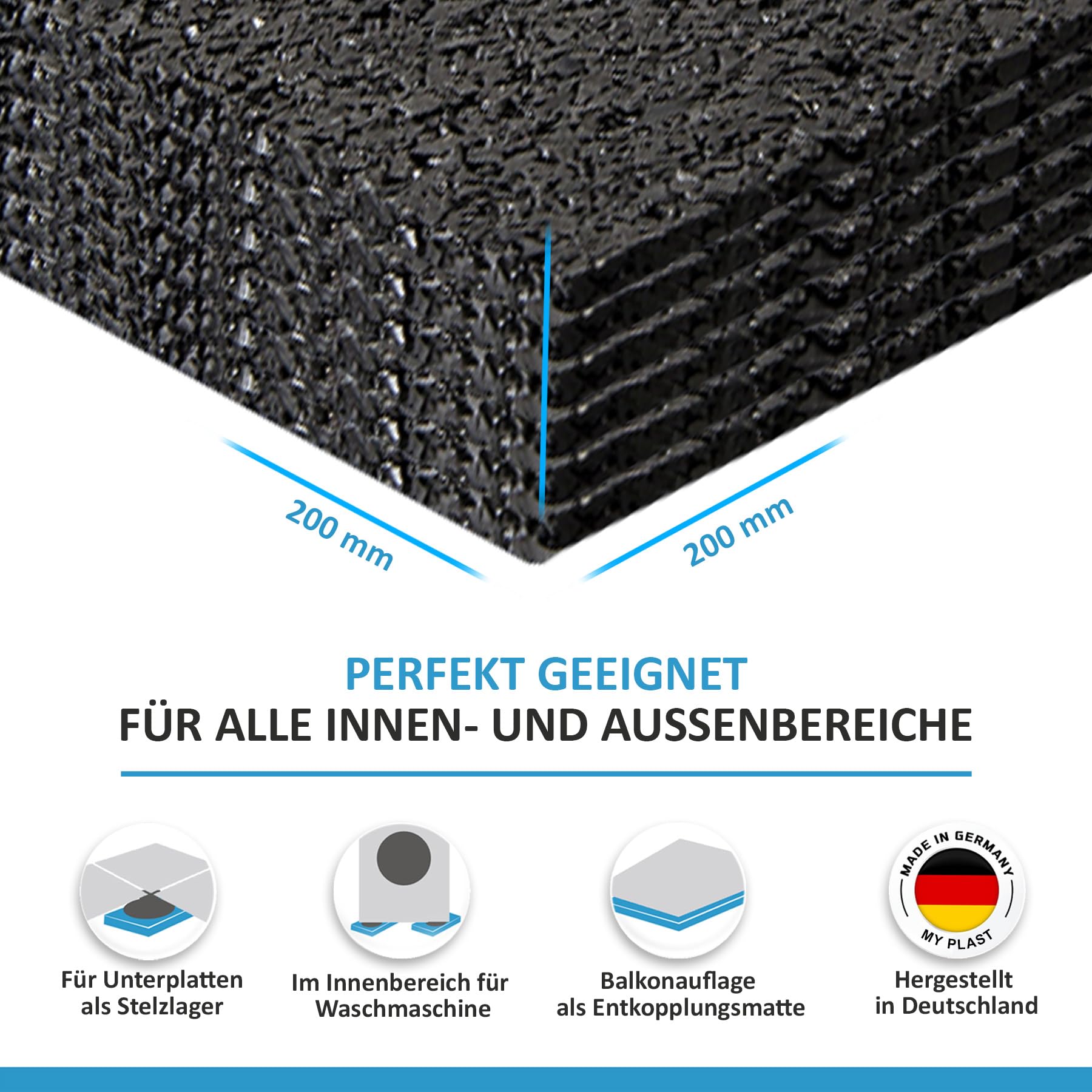 Terrassenpads 200 x 200 mm x 3mm | Unterleger aus Gummigranulat | Für Stelzlager u. Plattenlager | Menge auswählen (50 Stück - 200mm x 200mm x 3mm)