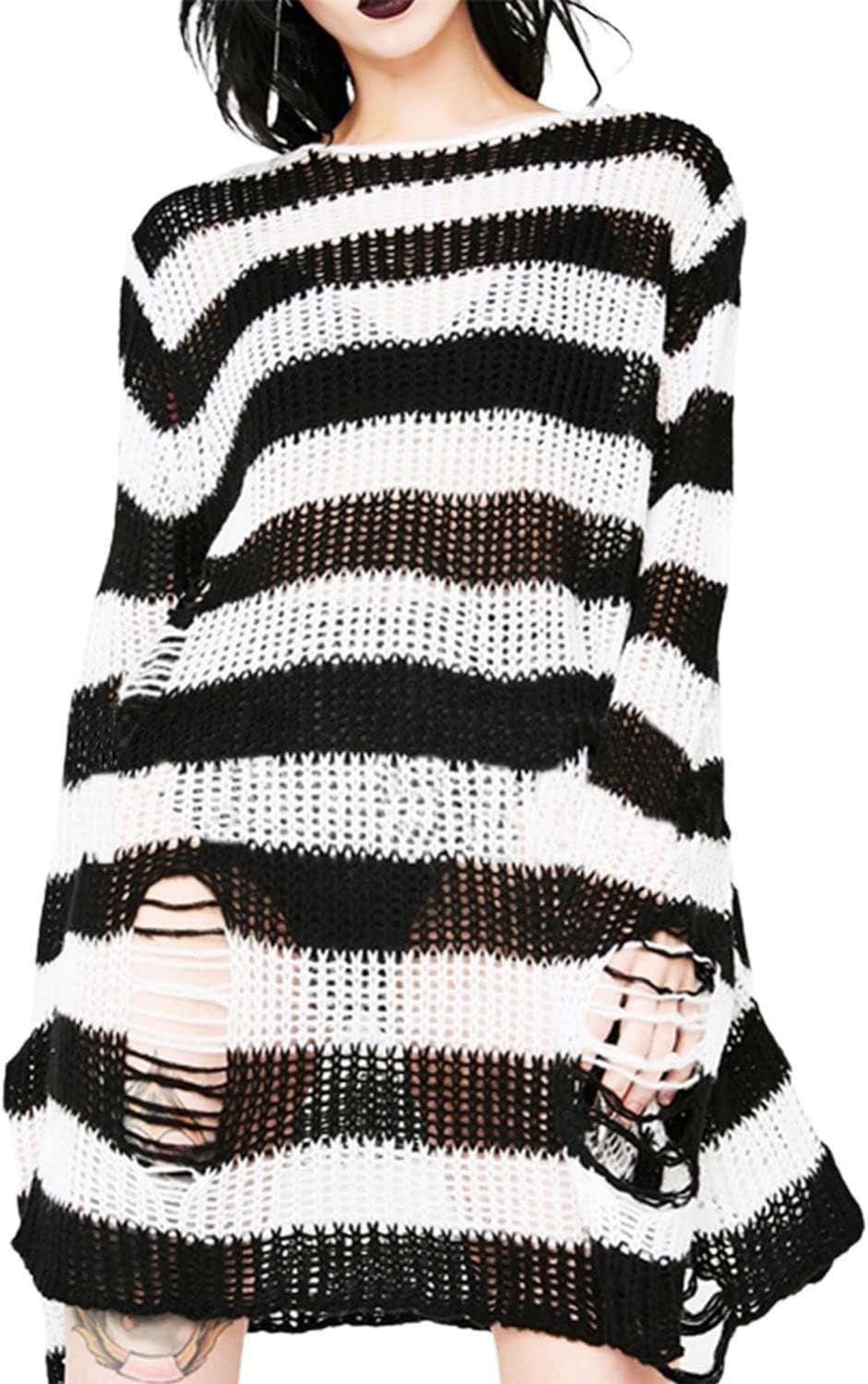 Women's See Through Hole Ripped Striped Long Knit Pullover Dress Sweaters Shirt - Image 4