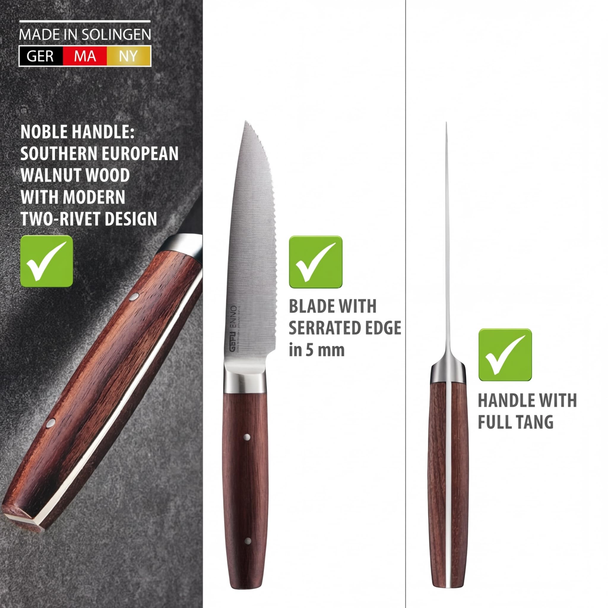 GEFU Cuchillo universal ENNO 11,5 cm | filo ondulado, hoja Solinger de acero alemán | Para frutas, verduras, pan, mango de madera de nogal, lijado a mano, duradero