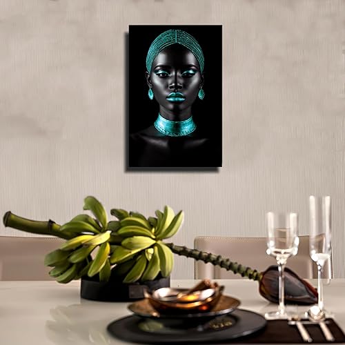 Miniatura 6 de Lwlaboc Arte de pared afroamericano, impresiones en lienzo de niña negra verde azulado, póster moderno de mujer afro, pintura artística negra para