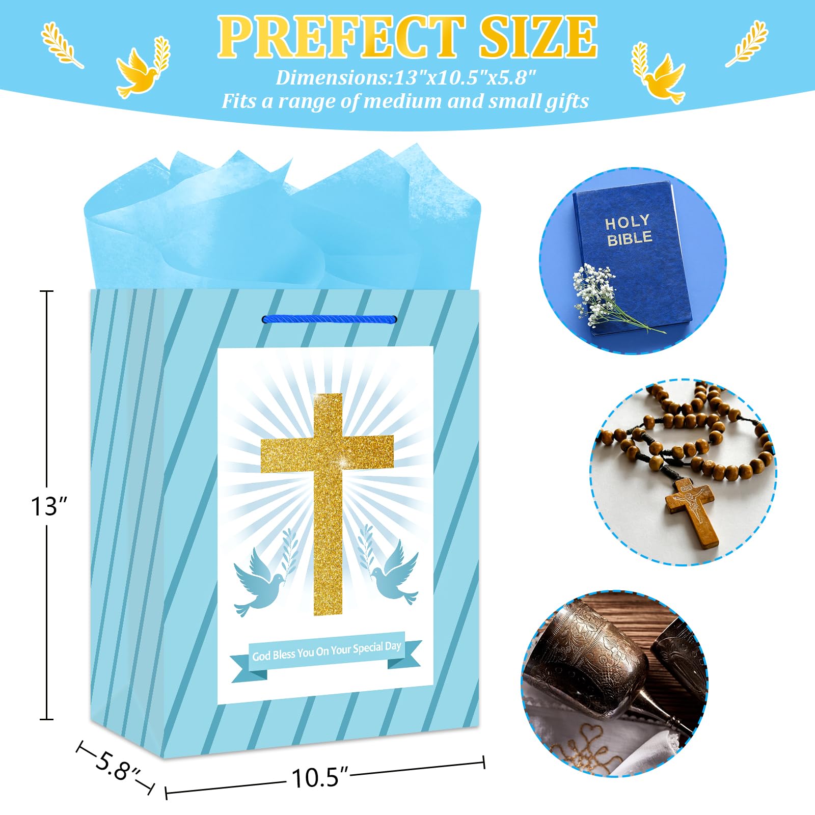 BIZIBAFF First Communion Gifts Bag for Boys Girls - 13" Baptism Gifts Bag with Tissue Paper Easter Religious Christian Gift Bag Christenings Confirmations Gifts for Baby Boys Girls