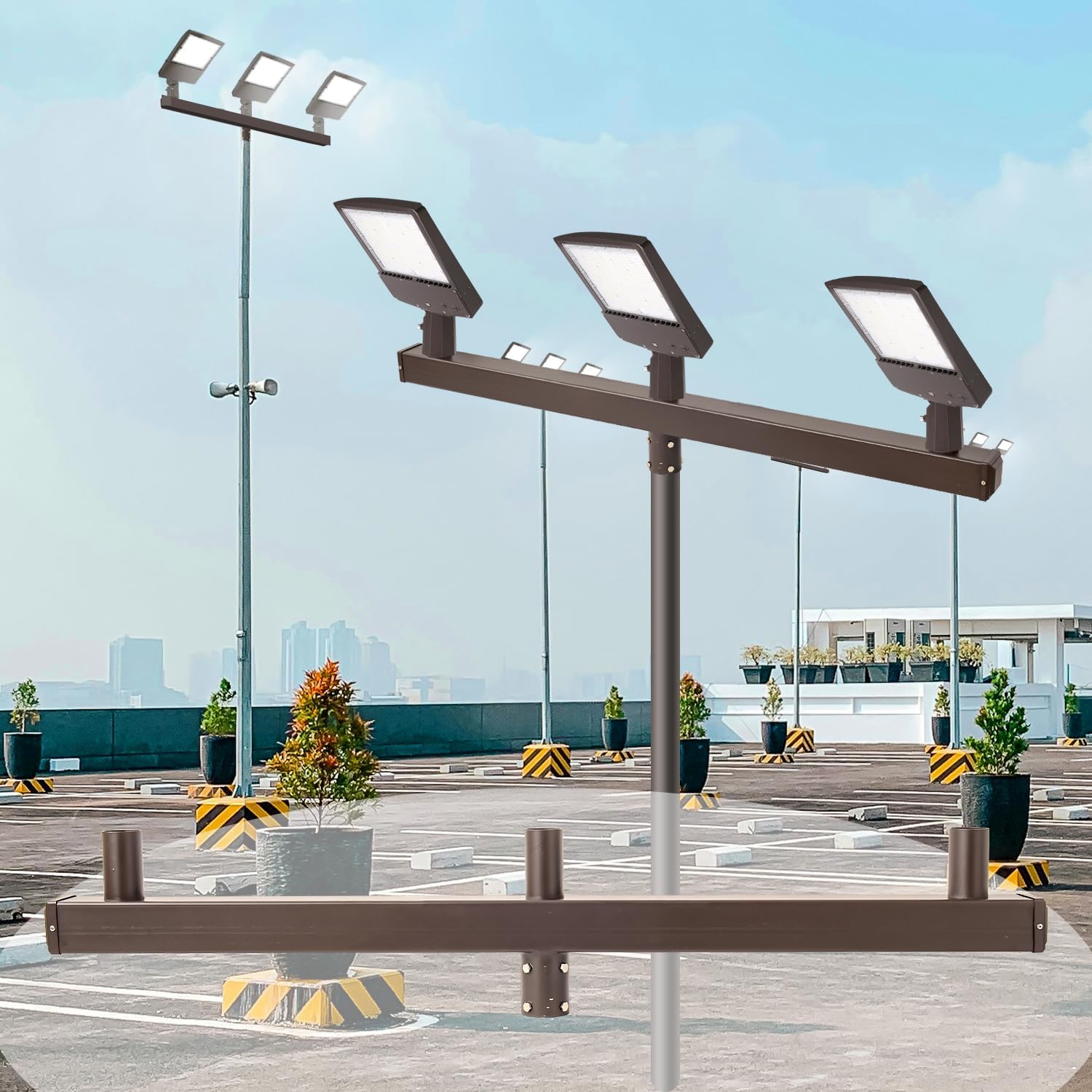 180 Degree Low Profile Bullhorn Tenon Adapter for 3 Light Fixtures with 2 3/8" Slip Fitter, Mounting Bracket LED Parking Lot Light, Outdoor Shoebox LED Street Pole Light, Dark Bronze