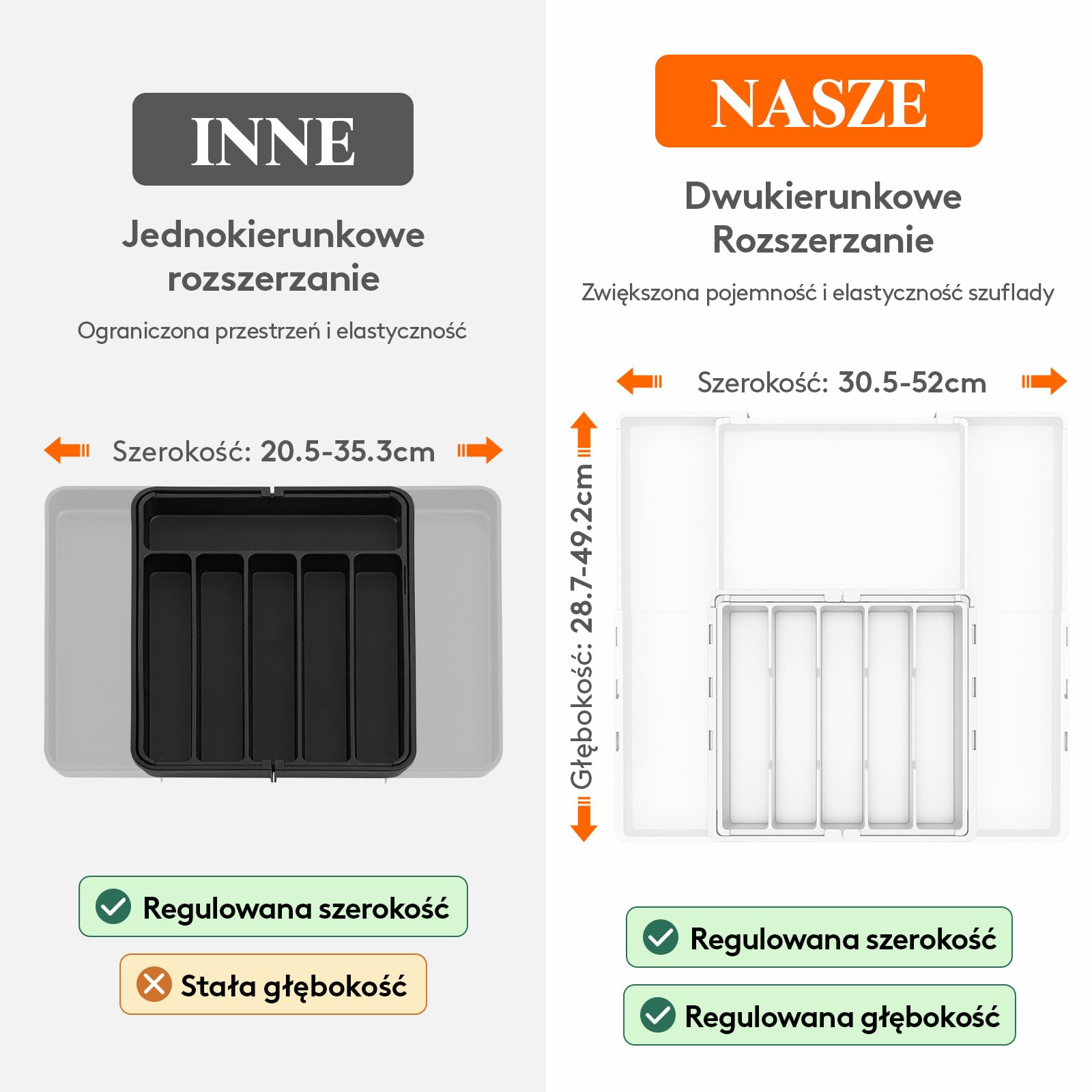 Lifewit Pojemnik na sztućce do szuflad, 5-8 przegródek, dwukierunkowy, regulowany, organizer z tworzywa sztucznego, organizer kuchenny, szerokość od 30,5 do 52 cm, wkład na sztućce na łyżki i widelce