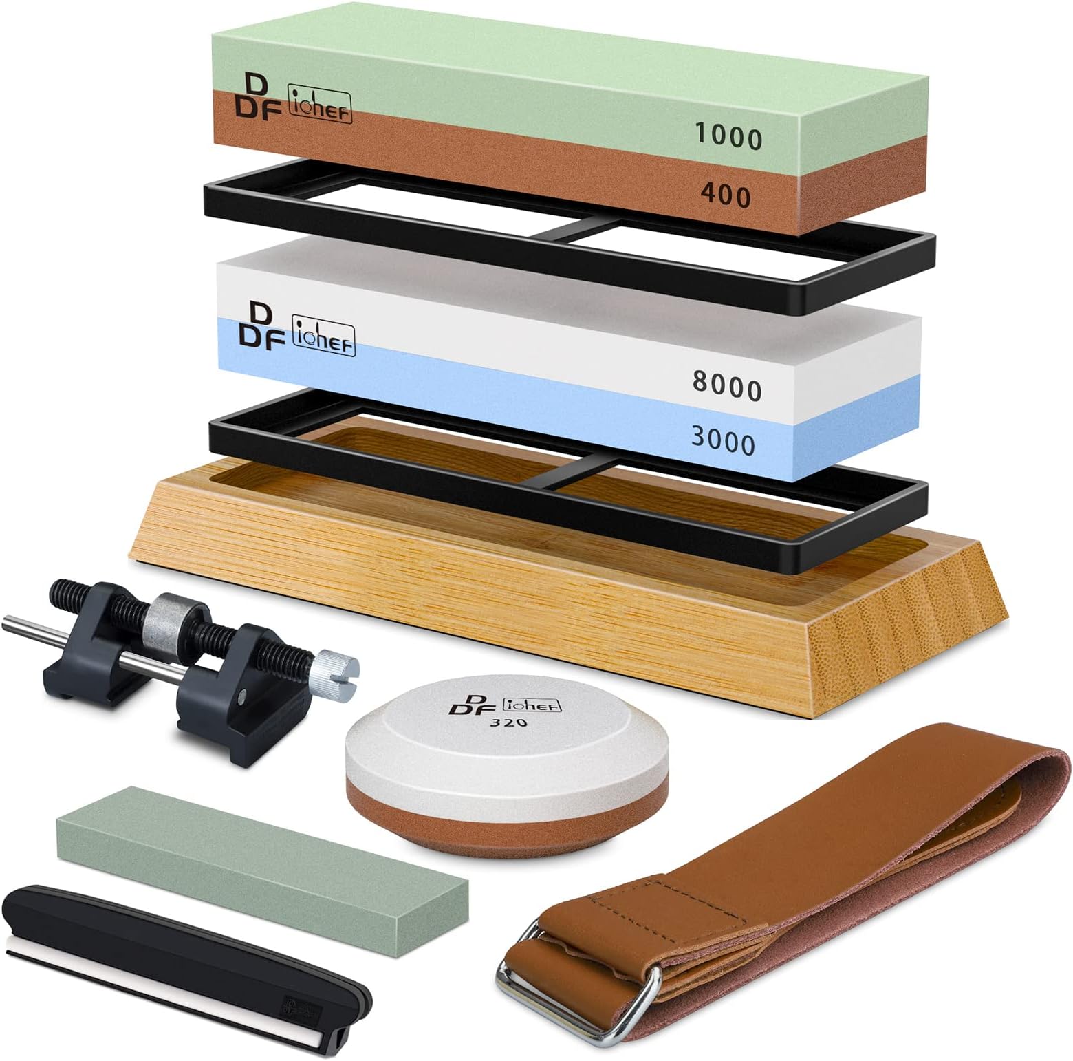DDF iohEF Whetstone Sharpening Stone Kit 4 Side Grit 400/1000 3000/8000 Wet Stone Knife Sharpeners Set with Axe Sharpening, Angle Guide, Flattening Stone, Leather Strop, Non-Slip Bamboo Base