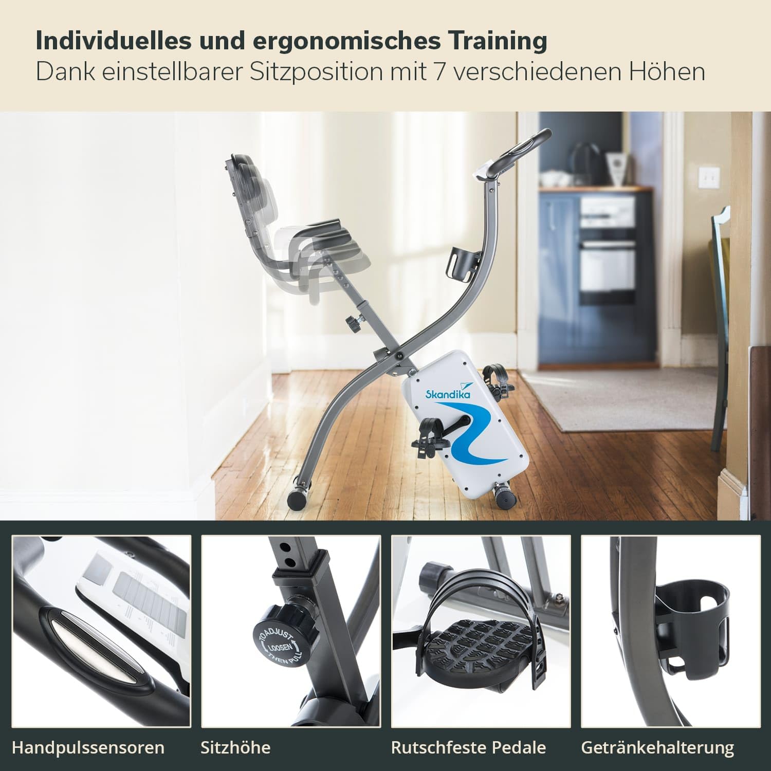 Skandika Foldaway X-2000 składany rower fitness z Bluetooth, uchwytem na tablet, oparciem, komputerem wielofunkcyjnym, czujnikami pulsu i 16-stopniowym, komputerowym oporem