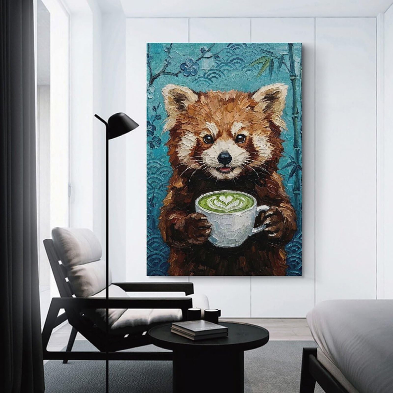 Junmoney Red Panda with Matcha Latte Painting Wall Decor Canvas Print, 20x30inch(50x75cm), for Living Room, Lounge Or Sitting Room, Easy Decor for Gallery Walls