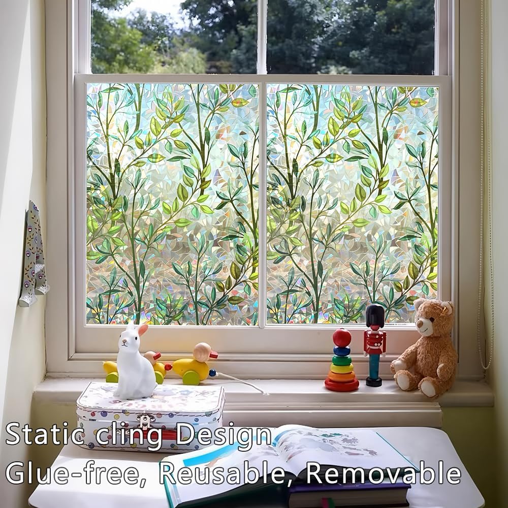 Window Privacy Film Rainbow Window Film – Decorative Static Cling Window Sticker with 3D Stained Glass Effect（23.6 x 157.4 inch） Includes 3 Installation Tools