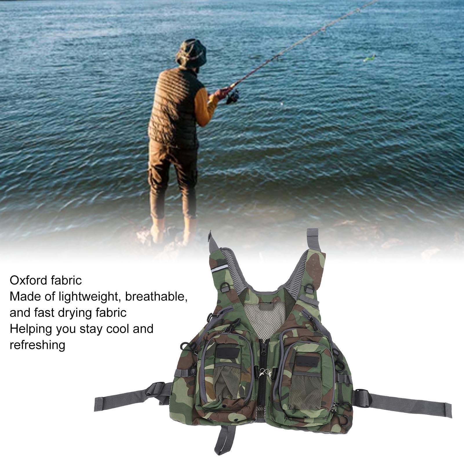 Camouflage Fishing Vest, Outdoor Oxford Cloth Fly Fishing Vest with Multi Pockets for Hiking Climbing Traveling Photography