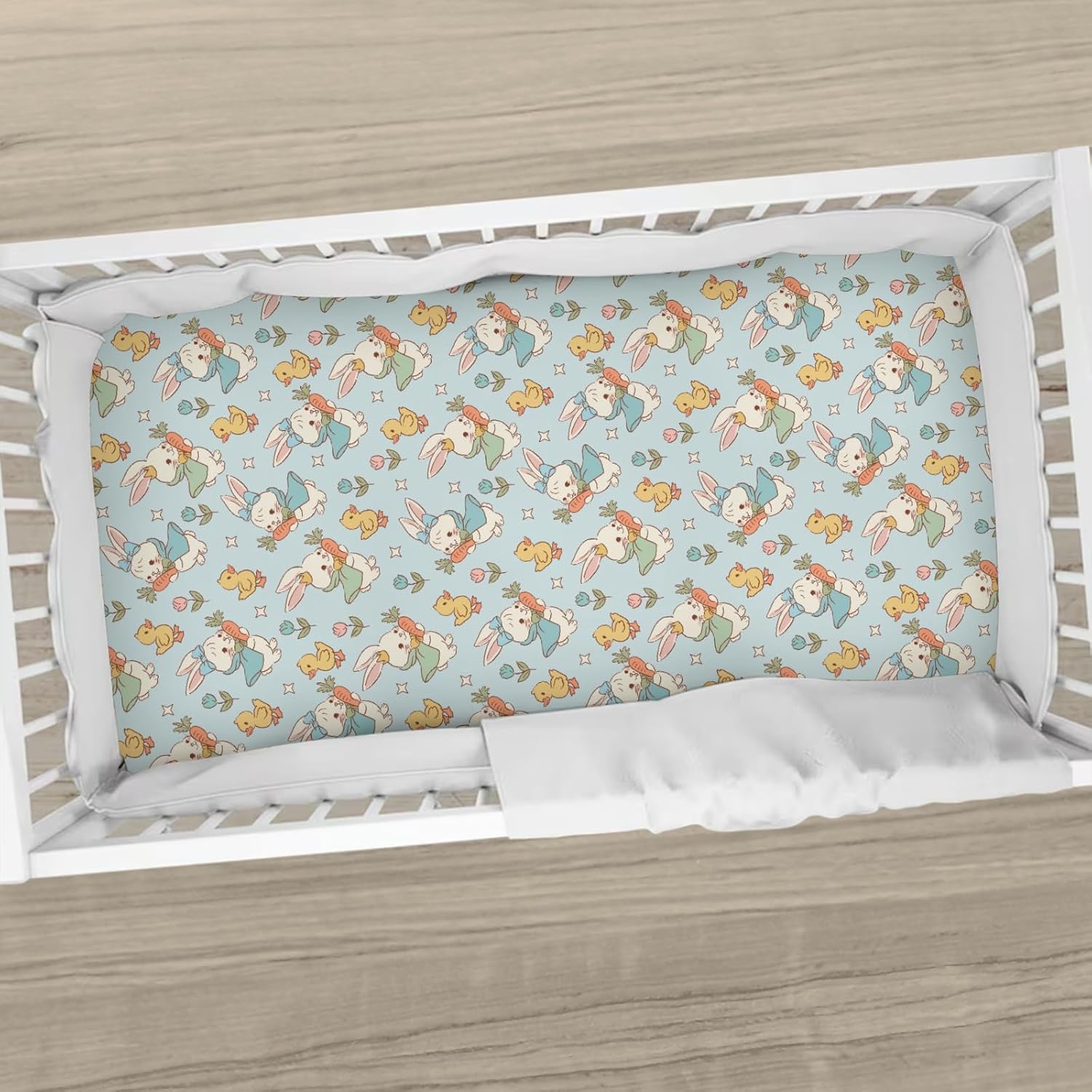 Vintage Easter Bunny Floral Baby Boys Girls Crib Sheets Cute Easter Rabbit Yellow Ducks Baby Sheets Spring Garden Fitted Crib Mattress Cover for Standard Crib & Toddler Bed Mattresses 28x52in