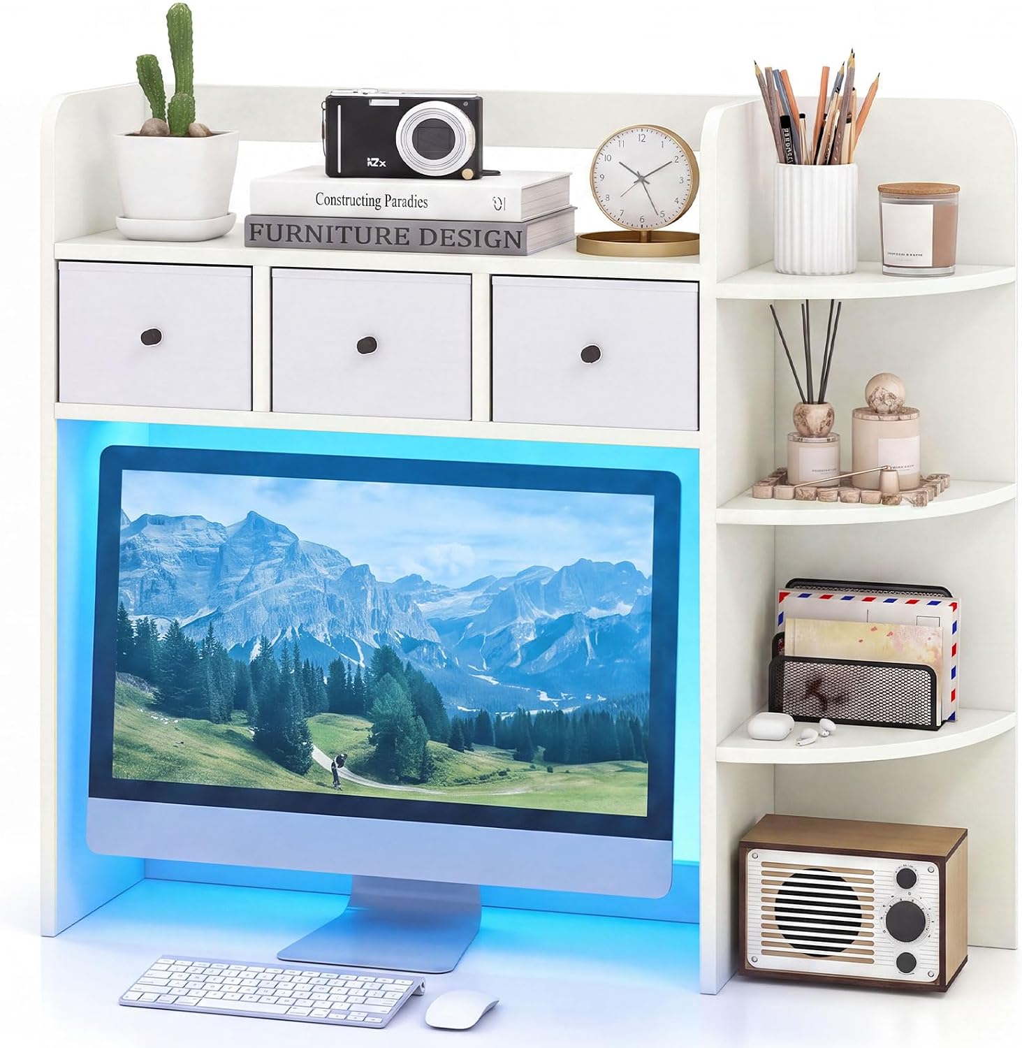 Tangkula Desktop Bookshelf with LED Lights, Dorm Desk Hutch, White