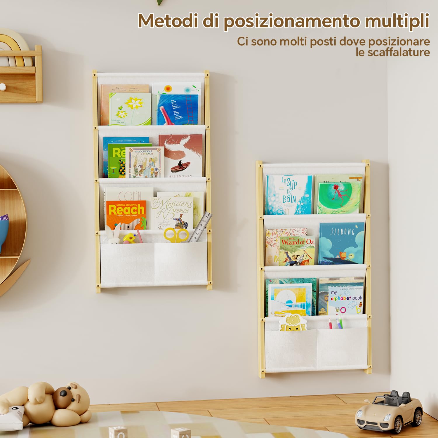 Libreria a parete in legno a 4 ripiani, per bambini, per camerette dei bambini, asilo, aula, libreria da appendere, organizer per libri, libreria Montessori, bianco