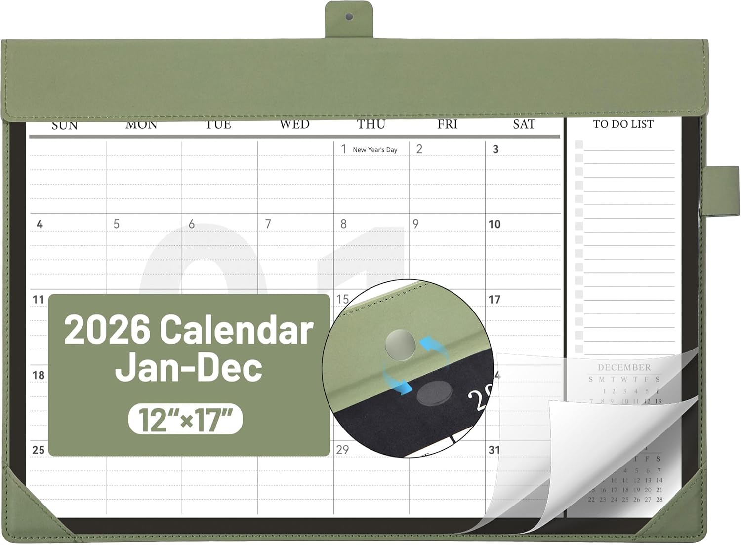 Desk Calendar 2026 Jan to Dec with Plastic Cover, Large Desktop Calendar 12"x17" with to-do List, Wall Calendar Leather Hard Back, Large Ruled Block, Monthly Flip, Desk Decor, Office Supplies, Green