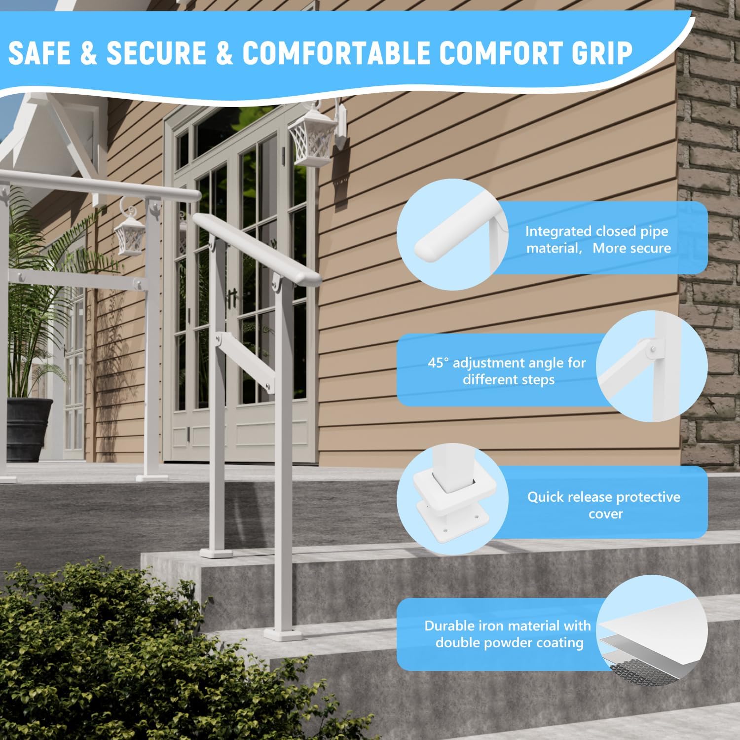 Hand Rails for Outdoor Steps, 1-2 Step Stair Railing Outdoor, 2 Step Handrails for Outdoor Steps, (White, 1Pack)