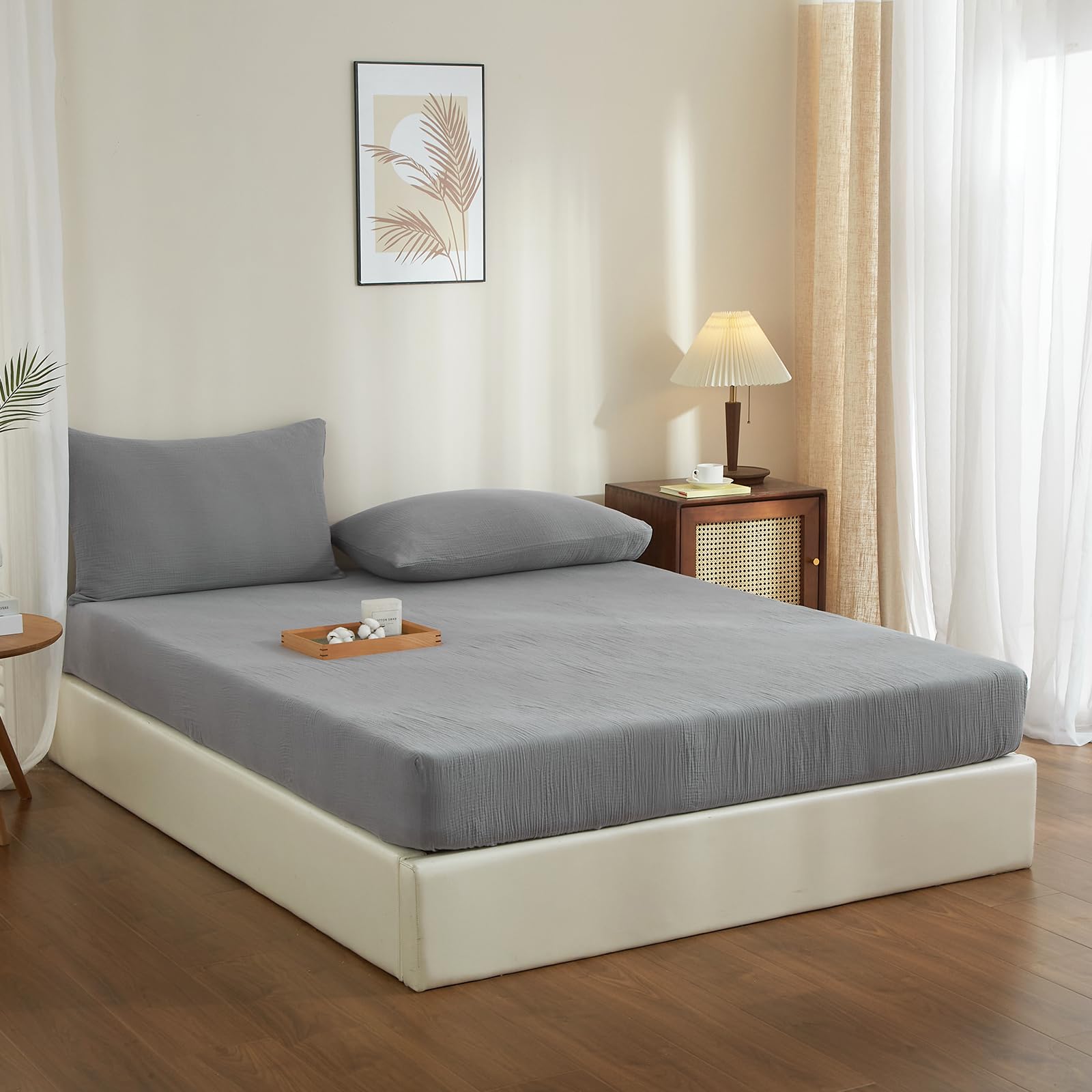 Boqingzhu Muslin Baumwolle Spannbettlaken 180x200cm Grau Dunkelgrau Anthrazit Atmungsaktiv Weich Hautfreundlich Spannbetttuch Bettlaken für Matraze bis 30cm Boxspringbett Topper