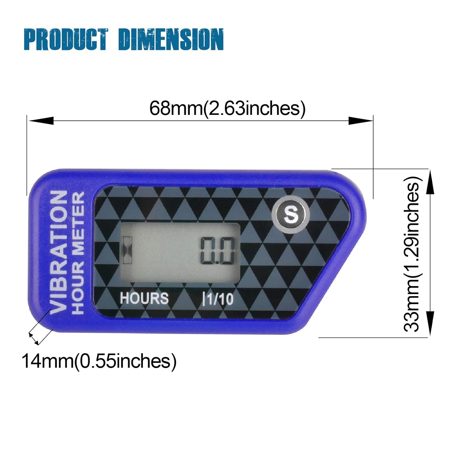 Runleader Digital Wireless Hour Meter dimensions: 68mm (2.63 inches) length, 33mm (1.29 inches) height, 14mm (0.55 inches) thickness.