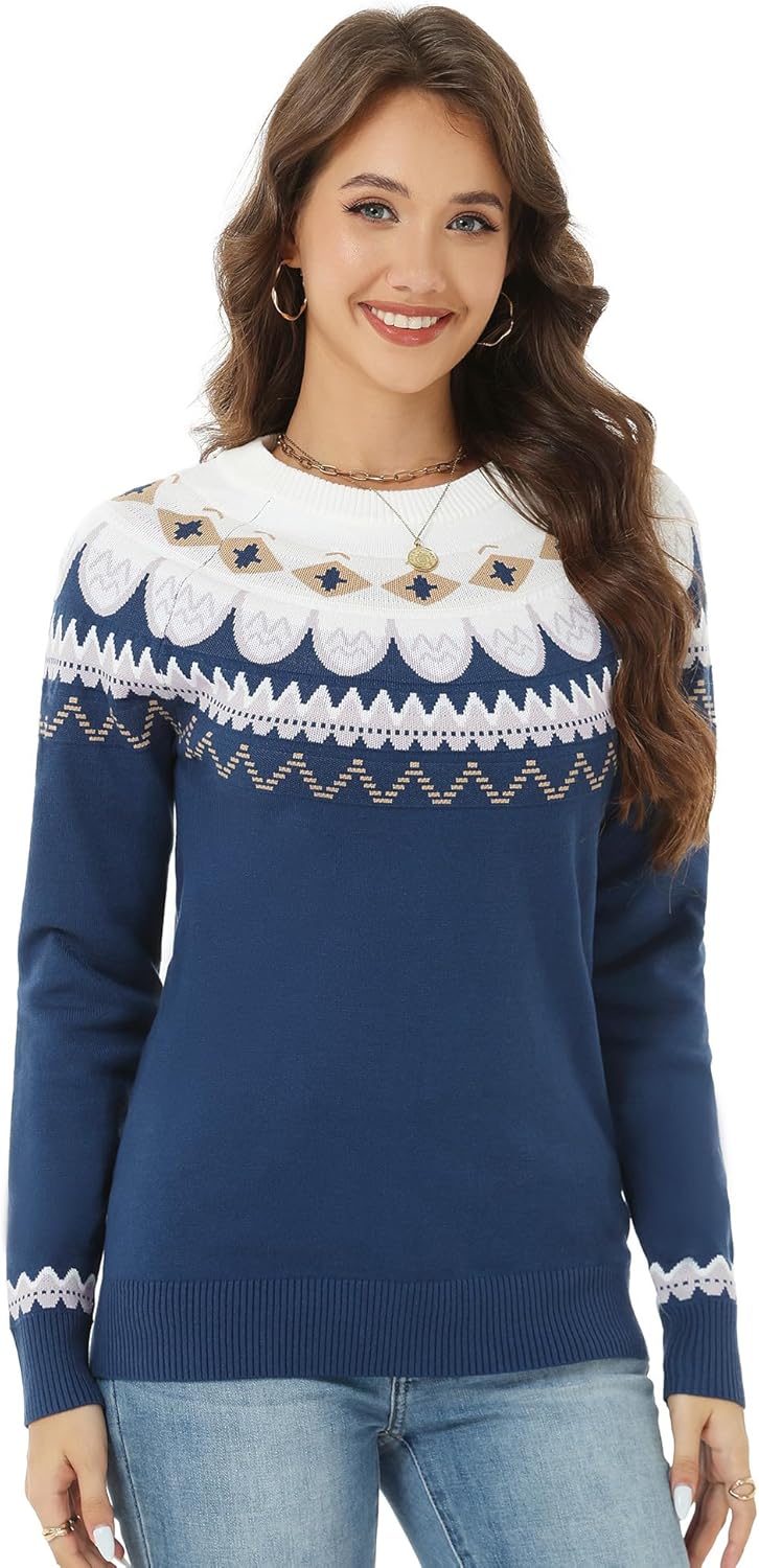 LOMON Womens Casual Lightweight Vintage Fair Isle Sweater Raglan Sleeve Crew Neck Knitted Pullover Comfy Warm Fall Tops - Image 4