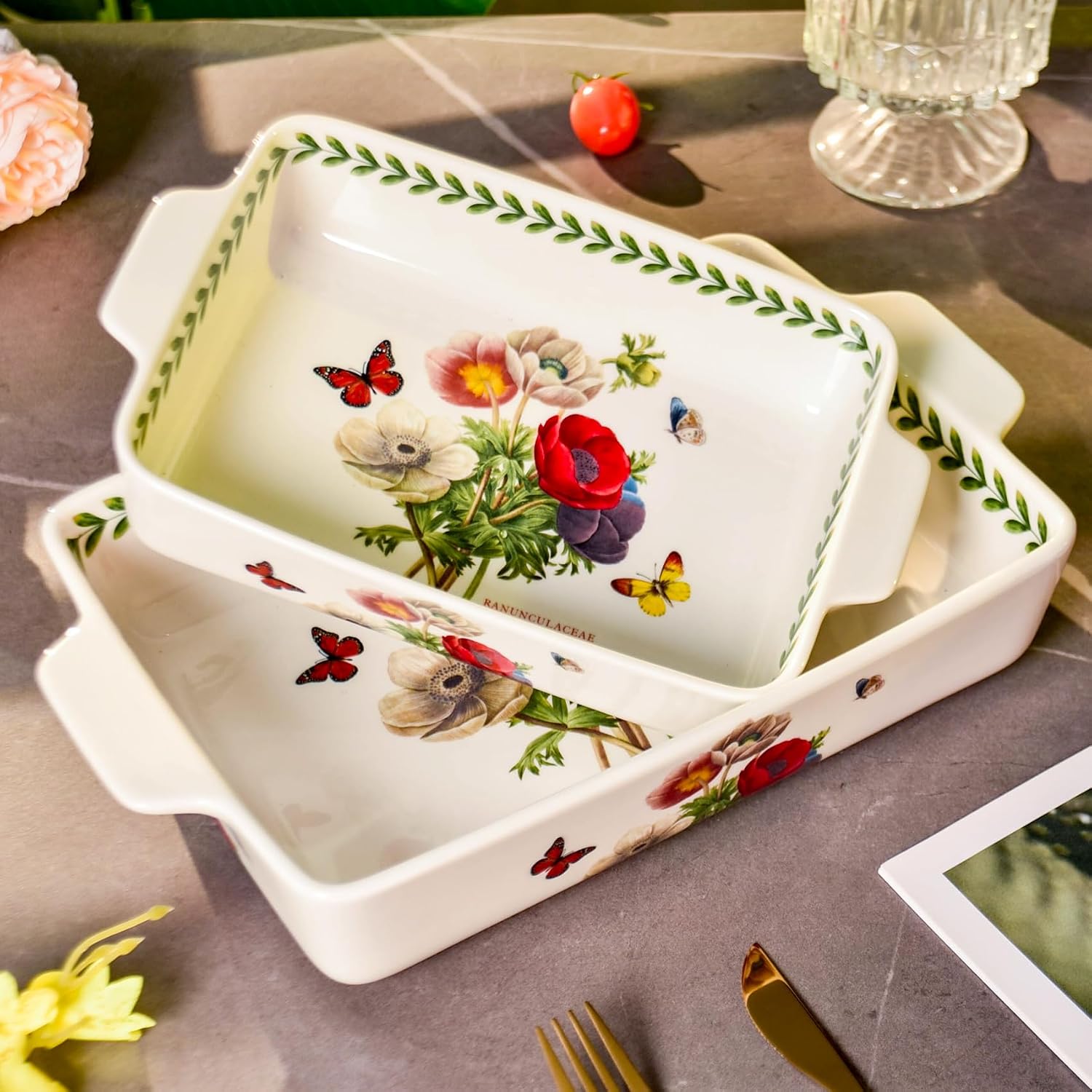 Ceramic Bakeware Set, Floral Pattern Casserole Dishes with Handles, 13x8 and 10.4x6.5 inches, Oven Safe Roasting Pans (Papaver rhoeas)