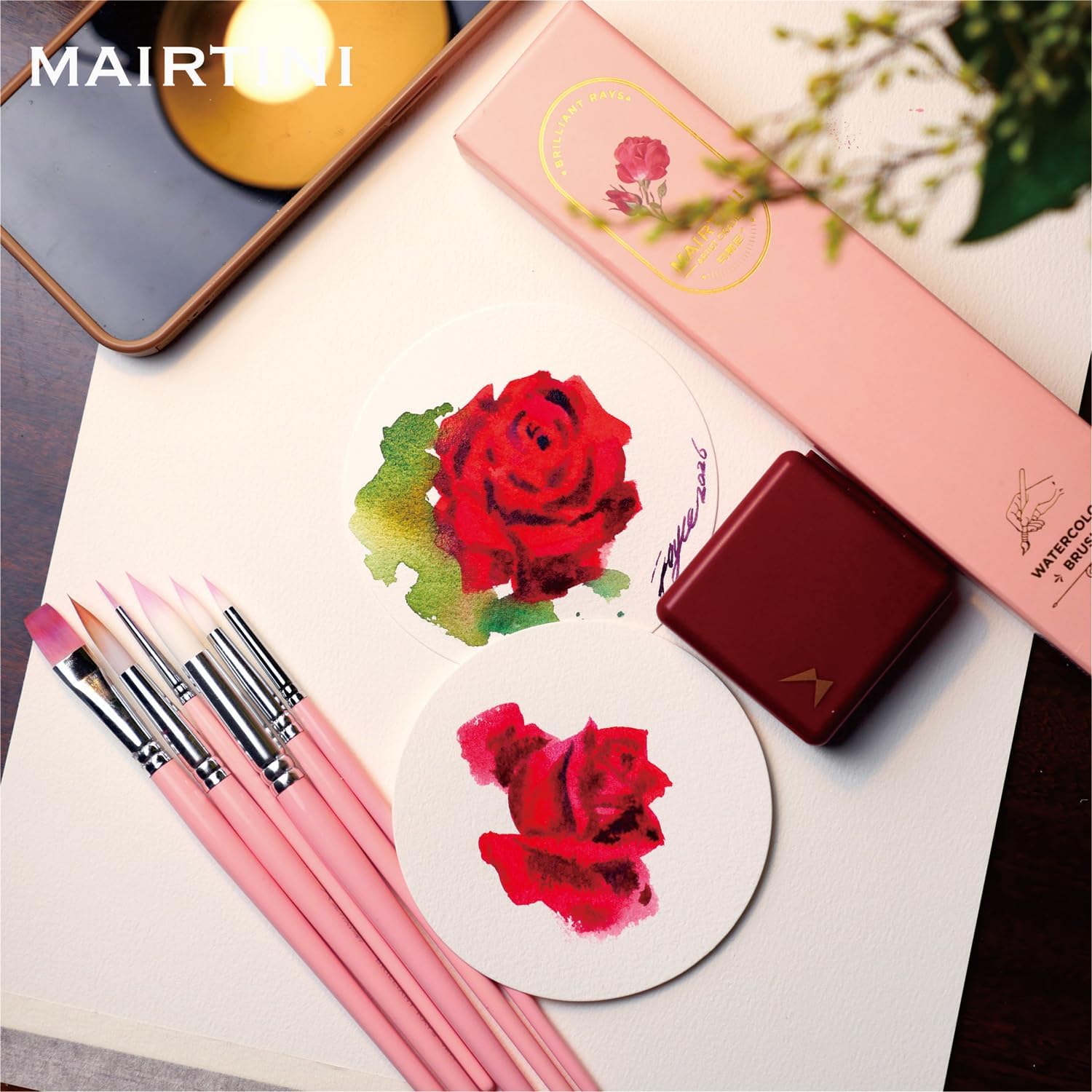 Rose-themed Limited Edition Watercolor Set with Mini Travel Kit, Watercolor Paper and Brushes
