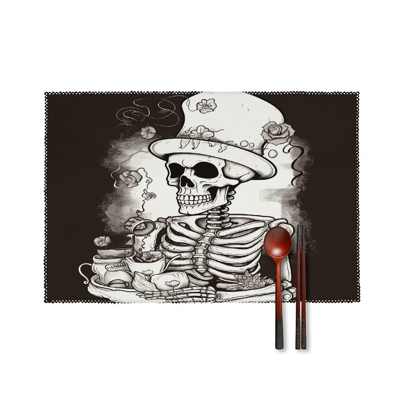 Skeleton Chef Placemats Set of 4 Non-Slip Heat Resistant Table Mats Canvas Washable Cloth Place Mats Easy to Clean Premium Placemat for Kitchen Dining Table Decoration