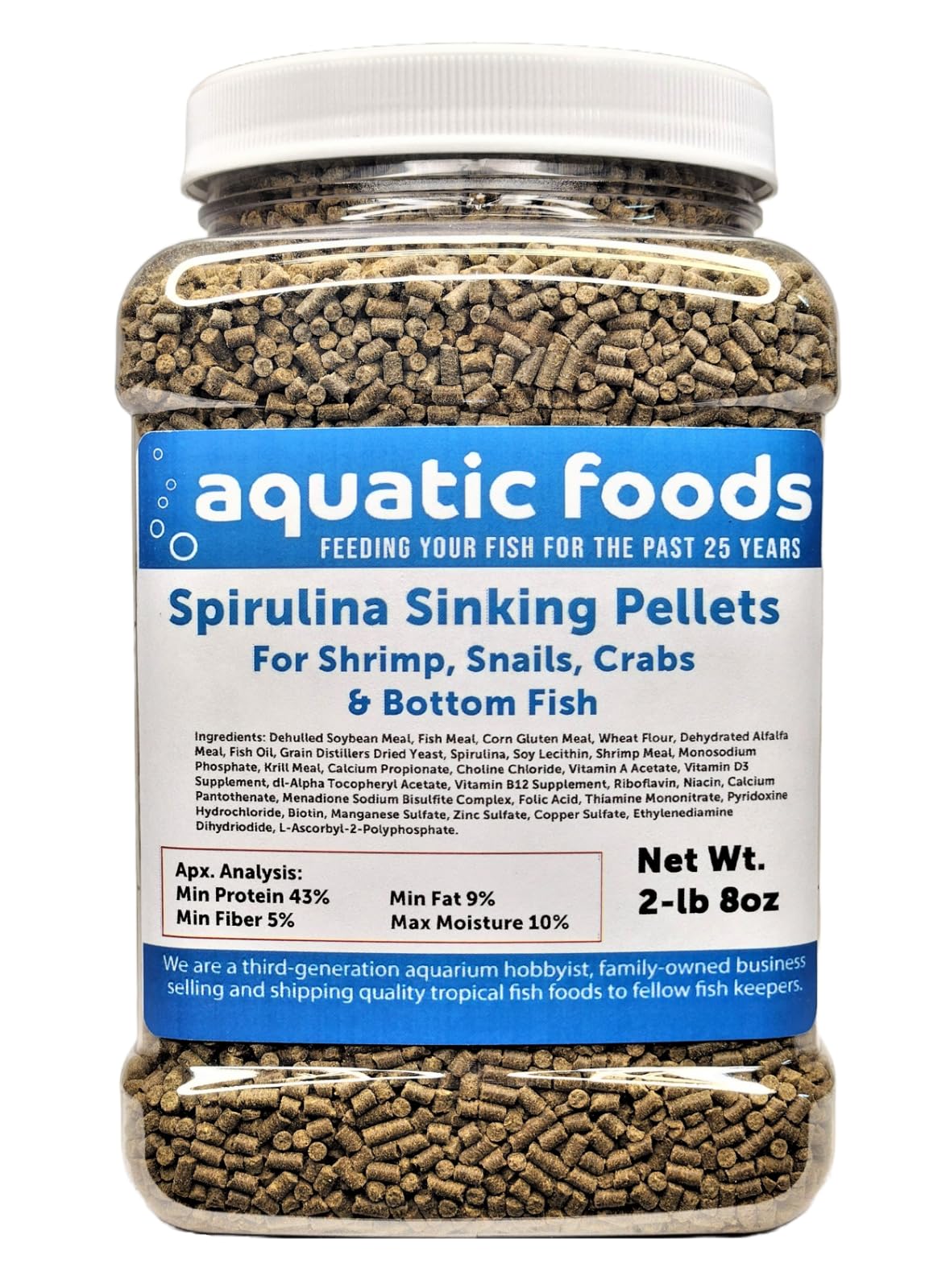 Aquatic Foods Inc. Spirulina Sinking Pellets for Shrimp, Snails, Crabs, Catfish, Plecos for All Tropical Fish 1/16" x 3/8" Pellets by Zeigler…2-lb 8oz
